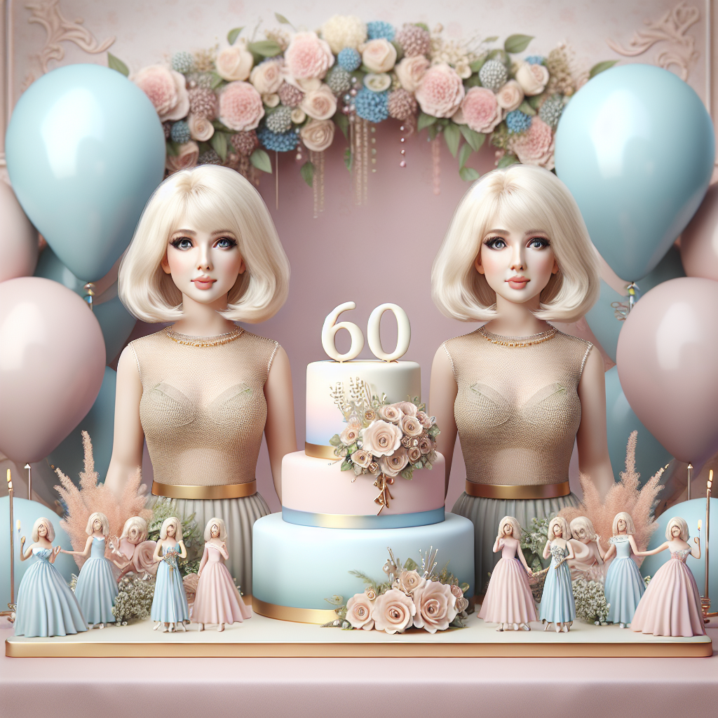 Create a realistic image of a 60th birthday celebration theme designed for Caucasian blonde-haired twin ladies. The centerpiece consists of lifelike figurines of the twins with their characteristic blonde hair. A pastel balloon arch in the backdrop imitates the soft colors of a two-tier birthday cake, which is decorated with miniature versions of the twins, each one holding up the number '60'. Delicate floral arrangements and customized banners with their initials beautify the graceful arrangement.
Generated with these themes: Twins, blonde hair ladies, 60th.
Made with ❤️ by AI.