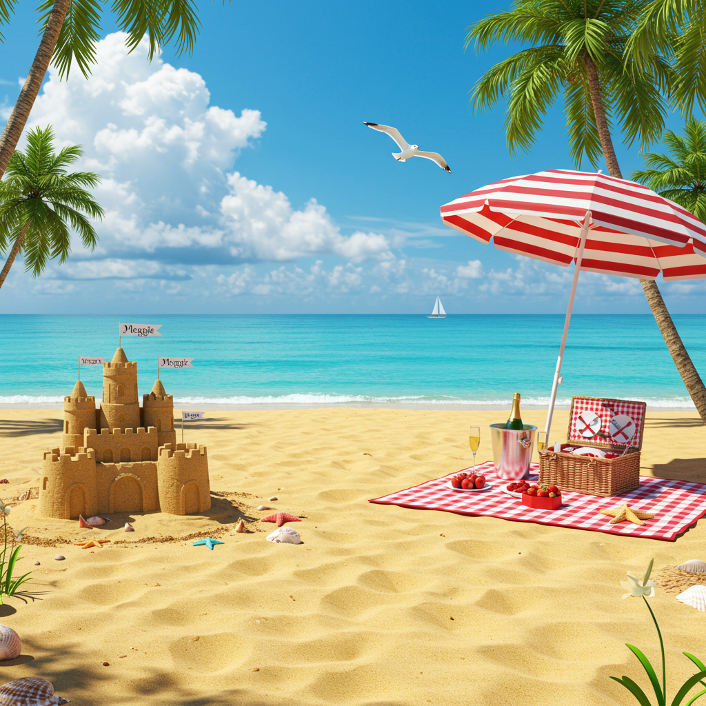 In the foreground, there's a realistic and detailed photograph of a sandy beach stretching into the distance. Soft, golden sand glistens under the bright sun, while gentle waves lap the shore, creating a subtle, frothy edge where the water meets the beach. The water itself is a stunning gradient of blues, transitioning from a clear aqua at the shoreline to a deep cobalt further out. 

To the left, there are two intricately detailed sandcastles, complete with tiny turrets and arched windows, and decorated with small, colorful seashells and pieces of seaweed. Each sandcastle has a tiny flag at its peak, one of which bears the name "Meggie" in bold, flowing, script. 

In the background, a classic red-and-white striped beach umbrella provides shade to a picnic scene. Underneath the umbrella, there's a woven picnic blanket with a checkered pattern in red and white. Atop the blanket, an array of picnic items can be seen: a wicker basket, an open bottle of champagne with two flutes beside it, a heart-shaped box of chocolates, and a plate of strawberries. 

Palm trees line the edge of the beach, their tall, slender trunks swaying slightly in a gentle breeze. The leaves of the palm trees are a vivid green, casting intricate, lace-like shadows onto the sand below. 

The sky is a brilliant azure, with a few fluffy white clouds scattered like cotton candy. A seagull soars through the air, its wings stretched wide, adding a sense of motion and life to the scene. 

In the far distance, a lone sailboat glides across the water, its crisp white sails catching the sunlight, creating a stark contrast against the deep blue of the sea and sky.
Generated with these themes: beach.
Made with ❤️ by AI.