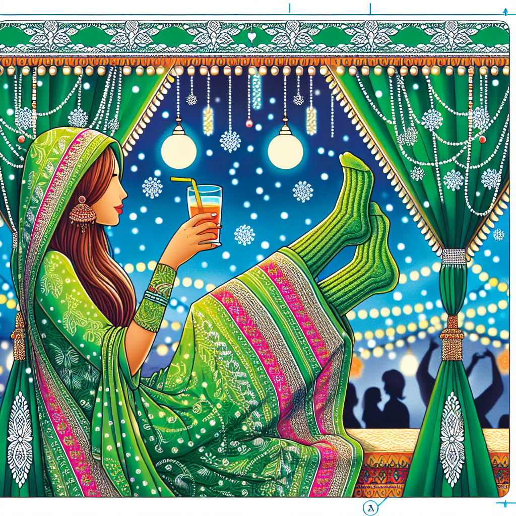 Illustration of an Indian woman wearing a green patterned dress and long socks, sipping Bombay Sapphire under a festive canopy decorated for her birthday.
Generated with these interests: Indian Woman, Green pattern dress with long socks, and Bombay sapphire.
Made with ❤️ by AI.