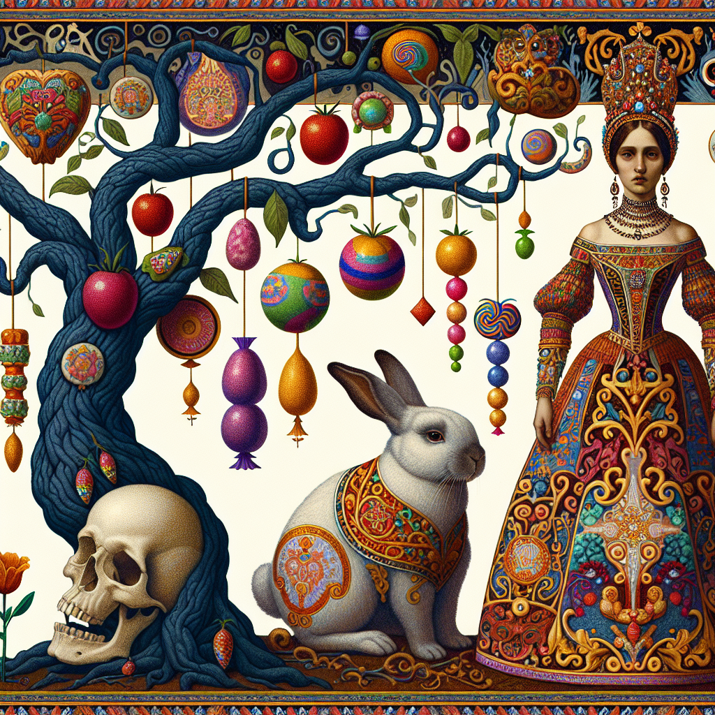 Create an illustration in a surrealistic style, taking inspiration from symbolism present during art movements before 1912. Depict an enigmatic Hispanic woman dressed in opulent, richly decorated robes, similar to the artistry found in Byzantine-era mosaics, giving off an aura of allure. Next to her, illustrate an oversized, fantastical rabbit standing near a sprawling tree whose branches twist towards the heavens. In these branches, render candies hanging like ripened fruits, their sweetness reflected in the otherworldly illumination. At the foot of the tree, portray a skull, adorned with brightly colored flowers, representing the juxtaposition of life's sweetness and the presence of mortality.
Generated with these themes: Sexy lady, Rabbit, Klimt, Sweeties, Skull, David bowie, and Tree.
Made with ❤️ by AI.