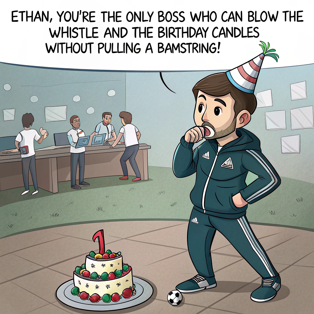 At the top of the image, "Ethan, you're the only boss who can blow the whistle AND the birthday candles without pulling a hamstring!"

- Illustrate a funny cartoon scene featuring Ethan in a whistle-blowing coach’s tracksuit, standing confidently with one foot on a birthday cake like it’s a soccer ball.  
- He's wearing a party hat crookedly over his coach cap, blowing a referee’s whistle that shoots out confetti instead of sound.  
- Behind him, clipboard-wielding office workers in team jerseys are mid-warm-up with coffee cups instead of water bottles.  
- One coworker is stretching dramatically while reading a memo, another doing squats while trying to balance birthday cupcakes.  
- The vibe is goofy, celebratory, and full of cheeky workplace humor meets sports day chaos.
Generated with these themes: Birthday, Coach, and Boss.
Made with ❤️ by AI.