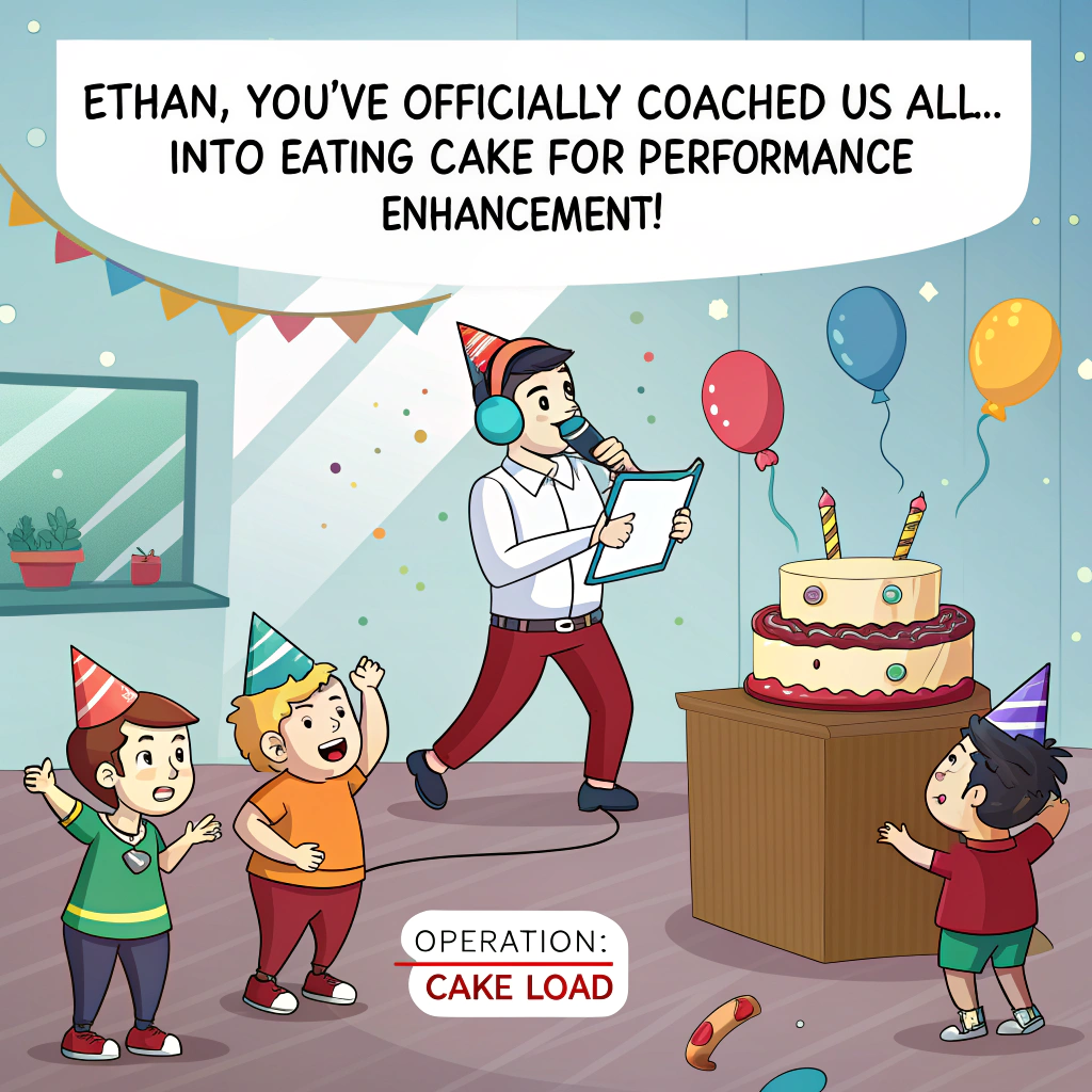 At the top of the image, "Ethan, you've officially coached us all… into eating cake for performance enhancement!"

- In the center of the illustration, show a cartoon-style office setting turned into a wild birthday training camp. Ethan, drawn as a slightly over-the-top motivational coach in a whistle, headset, and party hat, stands on a podium shouting commands while holding a clipboard titled "Operation: Cake Load".

- Around him, cartoon co-workers are in birthday-themed "training" – doing squats while lifting giant slices of cake like barbells, sipping coffee out of protein shakers marked “Cupcake Pre-Workout”, and furiously taking notes while frosting a giant celebratory doughnut.

- Include a wall poster in the background that says “NO PAIN, NO GAINZ… JUST BIRTHDAY BRAINZ!”

- The mood is humorous and slightly chaotic with everyone over-dramatically committed to birthday fitness as imagined by a very enthusiastic boss-coach.
Generated with these themes: Birthday, Coach, and Boss.
Made with ❤️ by AI.
