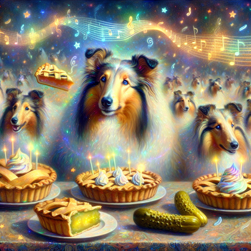 Visualize a dreamy birthday celebration where Collie dogs of iridescent hues act as the party hosts. The dogs are seated amidst a variety of pies floating against the laws of gravity. Some pies are savory with crusts that emanate radiant rays, while others are sweet, filled with stardust inside. Illuminate the scene further with pickles glowing from within and moving rhythmically as if in a choreographed dance. Depict gentle waves of folk music as visible golden and silver threads that bind this surreal party together. Create this scene as a whimsical tapestry of celebration.
Generated with these themes: Collie dogs, Pies, Pickles, and Folk music.
Made with ❤️ by AI.