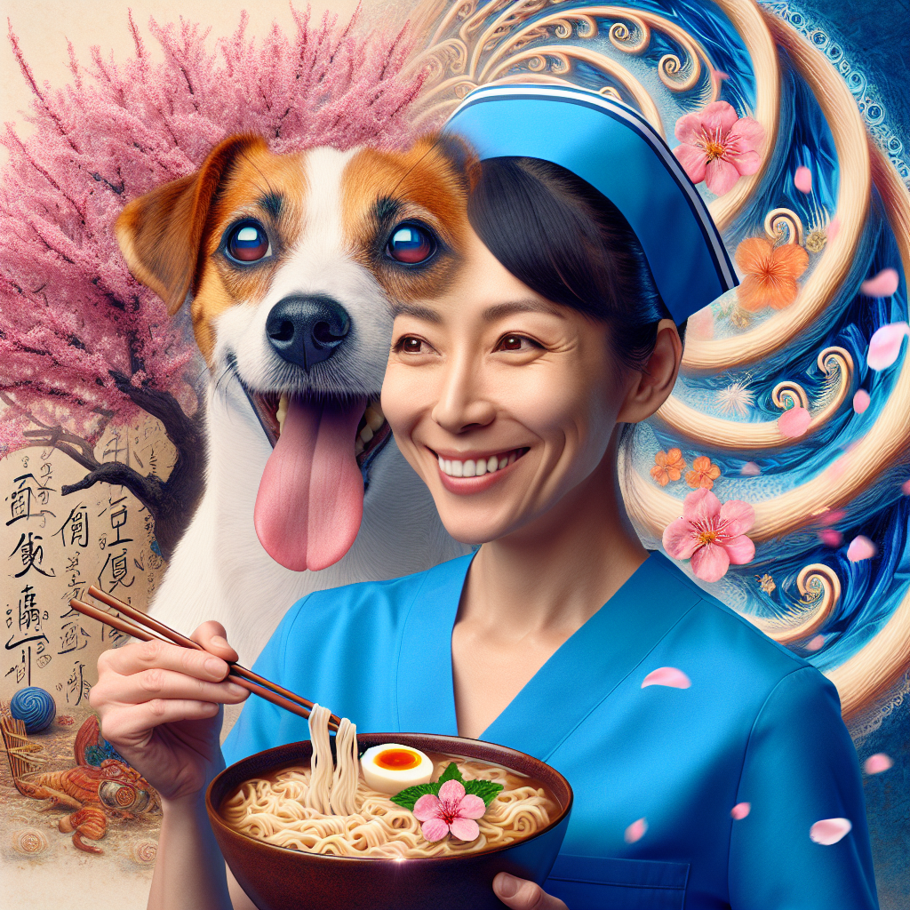 Create a surreal image portraying a birthday theme. In the center, visualize a Hispanic female nurse, reflected with unmistakable cheerful features of a Jack Russell, giving a warm smile. On top of her head, she balances a fragrant bowl of ramen. Alongside, imagine a blossoming cherry tree sprouting in an unexpected manner from the ground made of rich blue glass. The scene is surrounded by calligraphic swirls spelling out celebratory wishes and intertwined with the soft pink petals falling like nature's own confetti.
Generated with these themes: Jack russell dog , Nurse, Blue glass, Ramen, Blossom, and Calligraphy.
Made with ❤️ by AI.
