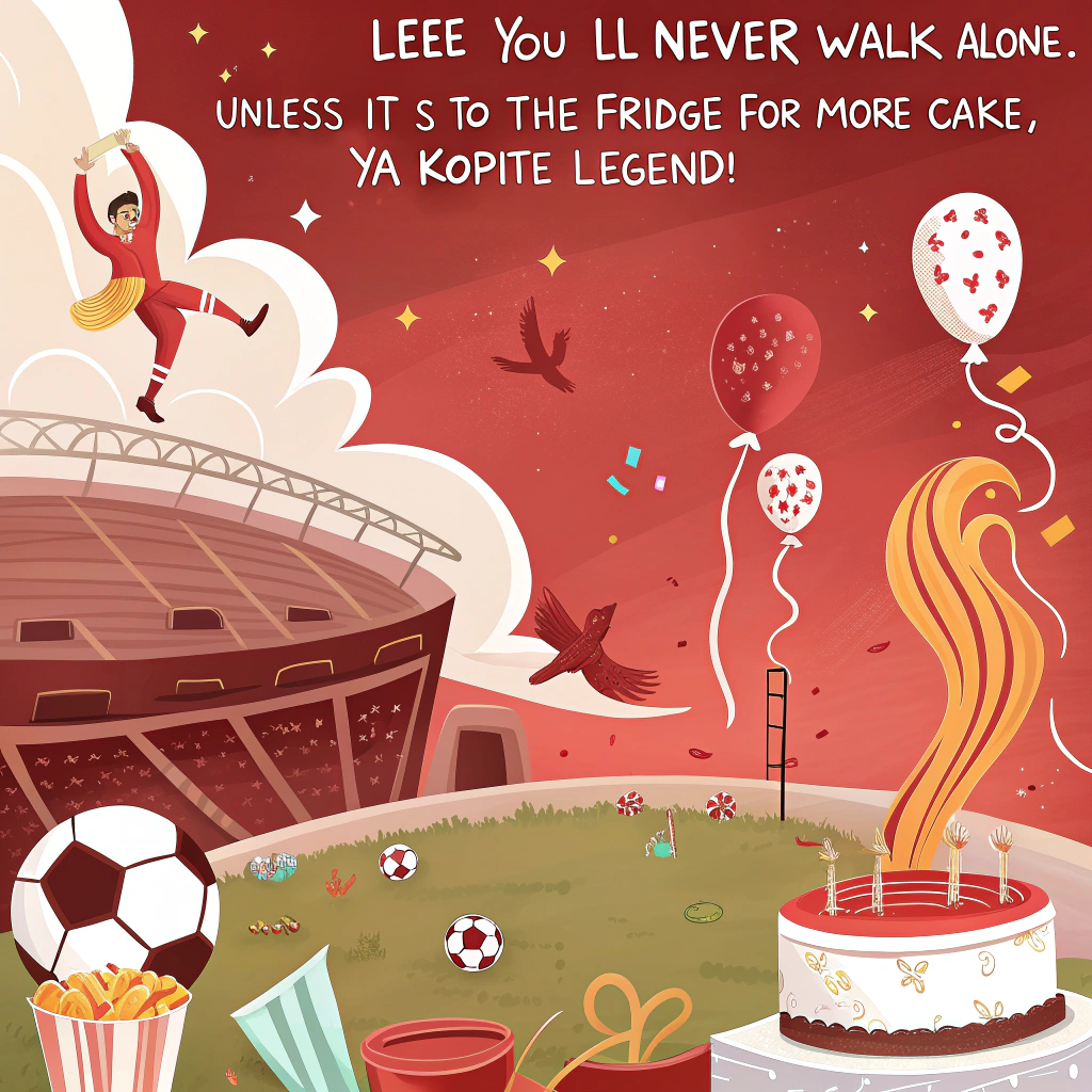 At the top of the image, "Lee – You’ll Never Walk Alone... Unless It’s to the Fridge for More Cake, Ya Kopite Legend!"

- Abstract background swirling in vibrant red tones, peppered with whimsical, warped Liverbirds dancing like confetti through the sky.
- Incorporate melting goalposts, footballs morphing into birthday balloons, and a surreal Anfield floating among birthday candles shaped like trophies.
- Use surrealist textures—think dreamlike clouds shaped like pies and scarves unraveling into party streamers.
Generated with these themes: Liverpool Football Club .
Made with ❤️ by AI.