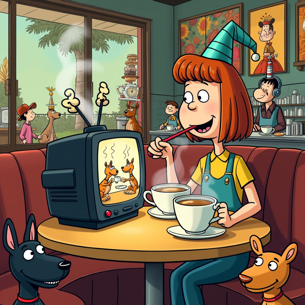 On the front cover of the birthday greetings card, set the scene in a colorful, bustling coffee shop that blends the whimsical charm of a "Peanuts" comic strip with the vibrant, detailed backgrounds reminiscent of "Tintin" and the surreal humor of "The Far Side." 

In the foreground, a round table is central, laden with steaming, frothy lattes served in oversized, quirky mugs that look like they have faces, each expressing a different emotion—happy, sleepy, surprised. Sitting at the table, we find Pauline, a lively character with exaggerated, expressive features akin to those in "Calvin and Hobbes." Pauline is joyfully sipping her latte through a comically large straw while her eyes are glued to a miniature flat-screen TV placed on the table, showing a dramatic moment from a fictional reality TV show, something exaggeratedly absurd, like a cooking competition where the chefs are juggling flaming swords.

Under the table, peeking out with their heads resting on Pauline's lap, are two Staffordshire bull terriers with mischievous expressions, similar to the anthropomorphic animals from "Peanuts." One is black with a white spot over its eye, and the other is brindle with a quirky, toothy grin. They are both wearing tiny headphones and appear to be intently watching the reality TV show with Pauline, reflecting the level of absurd engagement inspired by "The Far Side."

In the background, other customers in the coffee shop are also engaged in various whimsical activities. One customer, styled like a character from a Disney cartoon, is balancing a tower of pastries on their head while another, drawn in the manga style of Osamu Tezuka, is reading a manga comic book while a barista drawn in the classic "Spirit" style of Will Eisner serves them. 

The walls of the coffee shop are adorned with eccentric art pieces, such as an oversized clock shaped like a latte cup and paintings of famous TV reality stars reimagined in the exaggerated style of R. Crumb’s underground comix. 

All these elements combine to create a scene that is lively, quirky, and richly detailed, each element contributing to the unique and humorous story celebrating Pauline's love for lattes, Staffordshire bull terriers, and reality TV.
Generated with these themes: Pauline loves lattes, Staffordshire bull terriers and reality tv.
Made with ❤️ by AI.