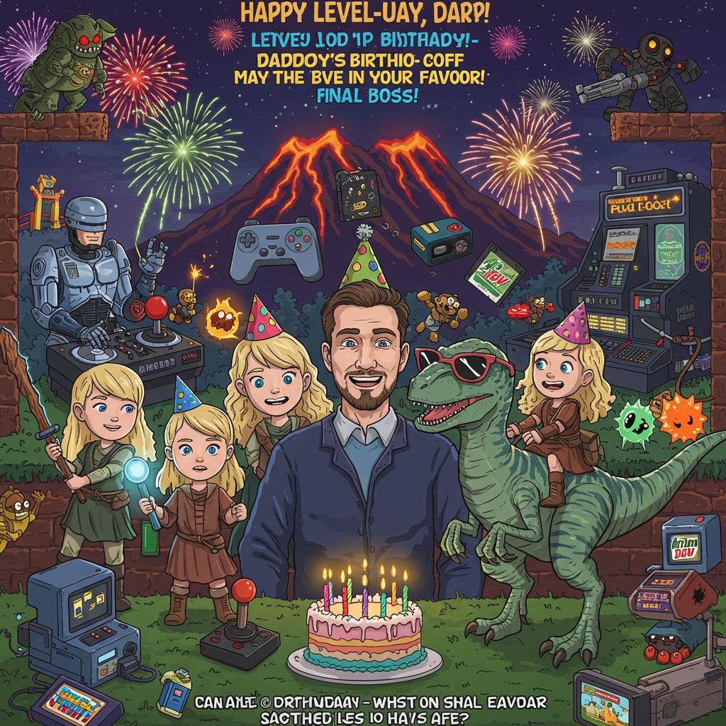 **Image Prompt:**  
An illustrated, hilarious mash-up birthday scene set in a pixelated, 90s video game world (think SNES graphics meets retro PC style). In the center, a confused yet smiling "Daddy" (complete with birthday hat) stands surrounded by absolute chaos and delight.

On either side of him are his two blonde daughters dressed in absurdly epic Lord of the Rings-style fantasy armor—one wielding a glowing joystick like a wizard’s staff, the other riding a comically oversized, neon-pink raptor from Jurassic Park wearing sunglasses. They're clearly the heroes of the level.

Behind them, Robocop is DJing on a vintage Gameboy setup, throwing pixelated party beats while fireworks shaped like gold rings and floppy disks go off in the sky. A Gandalf-style figure made out of PlayStation controllers hovers, zapping evil cake-thieving orcs shaped like 90s modems.

Floating power-ups include VHS tapes, Pop-Tarts, floppy disks, and Mountain Dew potions. In the background, Mount Doom now resembles an arcade machine labeled “LEVEL: DADDY'S BIRTHDAY – FINAL BOSS”.

**At the top of the illustration image:**  
🎮 Happy Level-Up Day, Daddy – May the Dinos Be Ever in Your Favor! 🦖✨
Generated with these themes: Gamer , Two blonde daughters , Lord of the Rings , 90s, Robocop, Jurassic Park , and .
Made with ❤️ by AI.