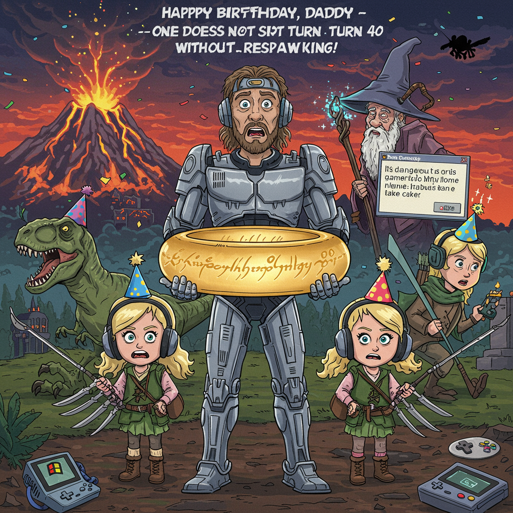 **Image Prompt:**

At the top of the illustration image: **“Happy Birthday, Daddy – One Does Not Simply Turn 40 Without Respawning!”**

An epic, cartoon-style scene packed with cheeky nostalgia and hilarity:

Front and center, Daddy (looking bewildered and mildly heroic) stands holding a giant game controller shaped like the One Ring. He's wearing Robocop armor… but with fuzzy 90s neon sweatbands on his wrists and forehead.

On either side of him are his two blonde daughters dressed like mini versions of Legolas, but they’re dual-wielding Jurassic Park raptor claws instead of bows. They're both wearing oversized gaming headsets and Game Boy backpacks.

Behind them looms a chaotic mash-up background: A pixelated Mount Doom spews birthday confetti, a Jurassic Park T-Rex wears a party hat and tries to blow out a candle on a massive birthday cake. In the distance, a Robocop-ified Gandalf waves a staff that shoots sparkly 8-bit emojis, while an old Windows 95 error box hovers above saying “It’s dangerous to game alone – take cake!”

Bright, vibrant colors with that slightly unhinged 90s-cartoon vibe, blending the magic of Middle-earth with arcade insanity, dino drama, and pure retro gaming joy.
Generated with these themes: Gamer , Two blonde daughters , Lord of the Rings , 90s, Robocop, Jurassic Park , and .
Made with ❤️ by AI.