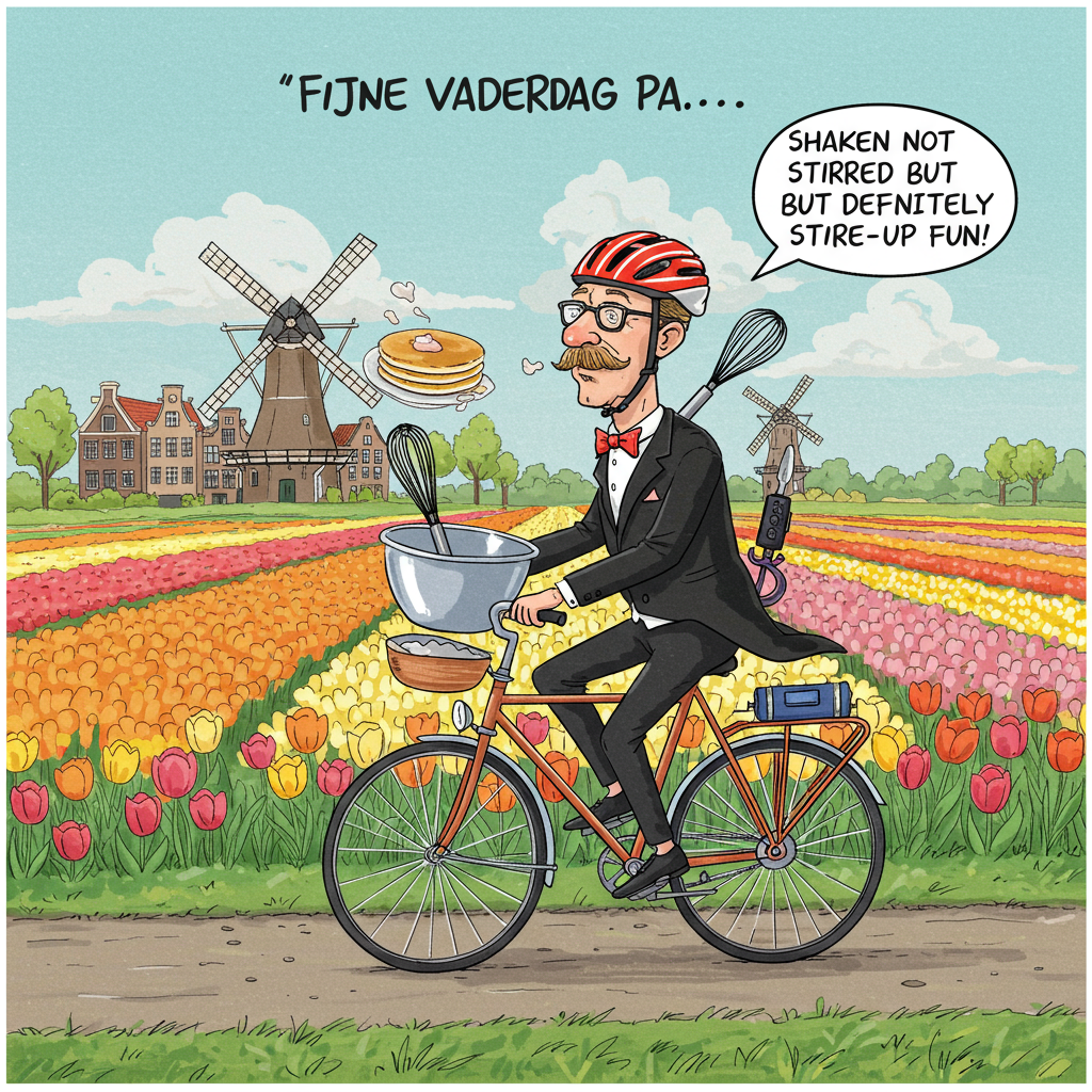 At the top of the Illustration Style image, write "Fijne Vaderdag pa!"

**Image Prompt:**

Create a humorous illustration capturing a playful mix of themes: A caricatured father figure, resembling James Bond, cycling through a vibrant tulip field in Amsterdam. He's wearing a tuxedo with a cycling helmet, balancing a mixing bowl and whisk in one hand as if he's on a mission to cook the world's best pancake. The bicycle is cleverly rigged with spy gadgets, and in the background, you see windmills and colorful tulips swaying. Add a speech bubble coming from the father, saying, "Shaken, not stirred, but definitely stirred-up fun!" 

The overall style should be hand-drawn with fine linework, textured brush strokes, and a warm, expressive color palette that brings out the playful charm of this adventurous Father's Day scene.
Generated with these themes: Cycling, James Bond, Cooking, Tulip field, Amsterdam, and .
Made with ❤️ by AI.