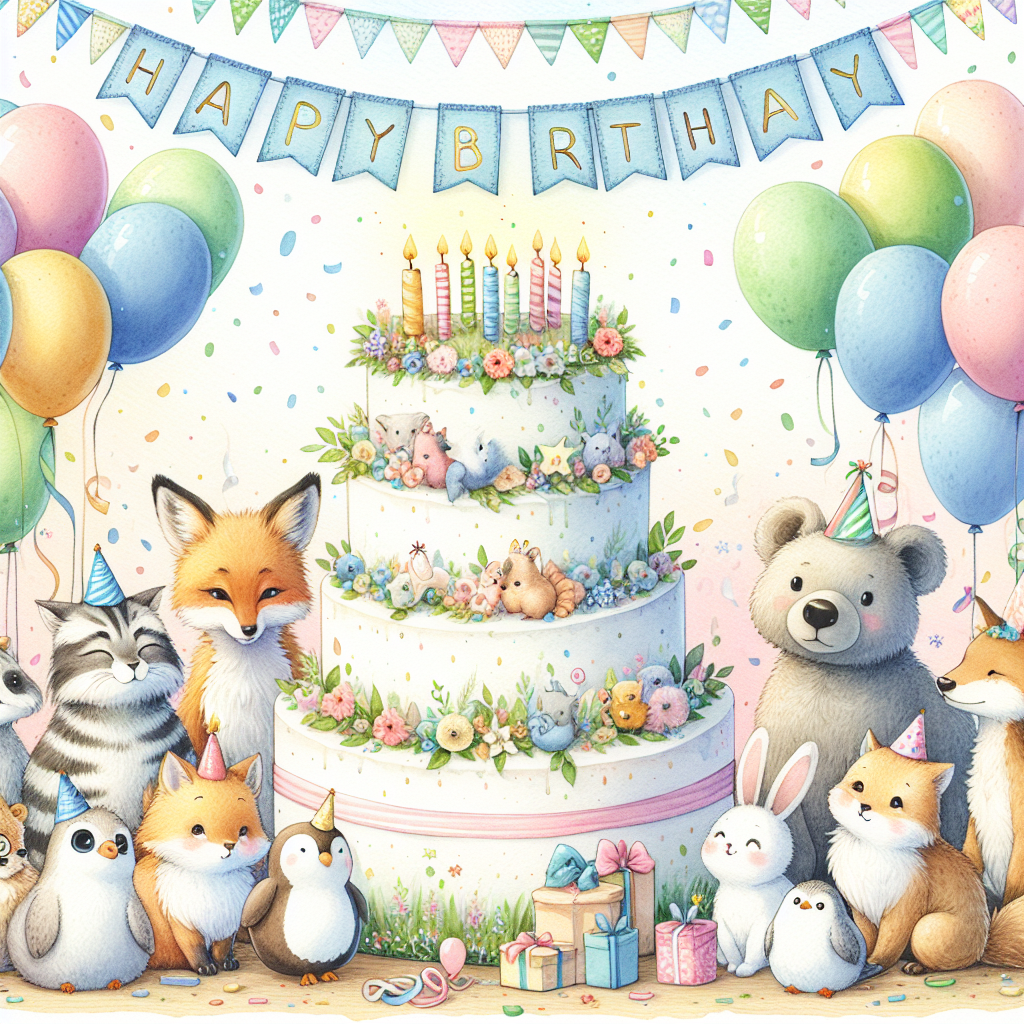 Create a whimsical watercolor illustration themed around a birthday celebration showing a group of charming animals of different species gathered around a large, pastel-colored birthday cake adorned with candles. Across the scene, banners inscribed with the words 'Happy Birthday' peacefully flutter in a soft breeze. The cheerful atmosphere is enhanced by brightly colored balloons of different shapes and sizes, as well as a shower of confetti sprinkling throughout the scene.
Generated with these themes: Happy birthday .
Made with ❤️ by AI.