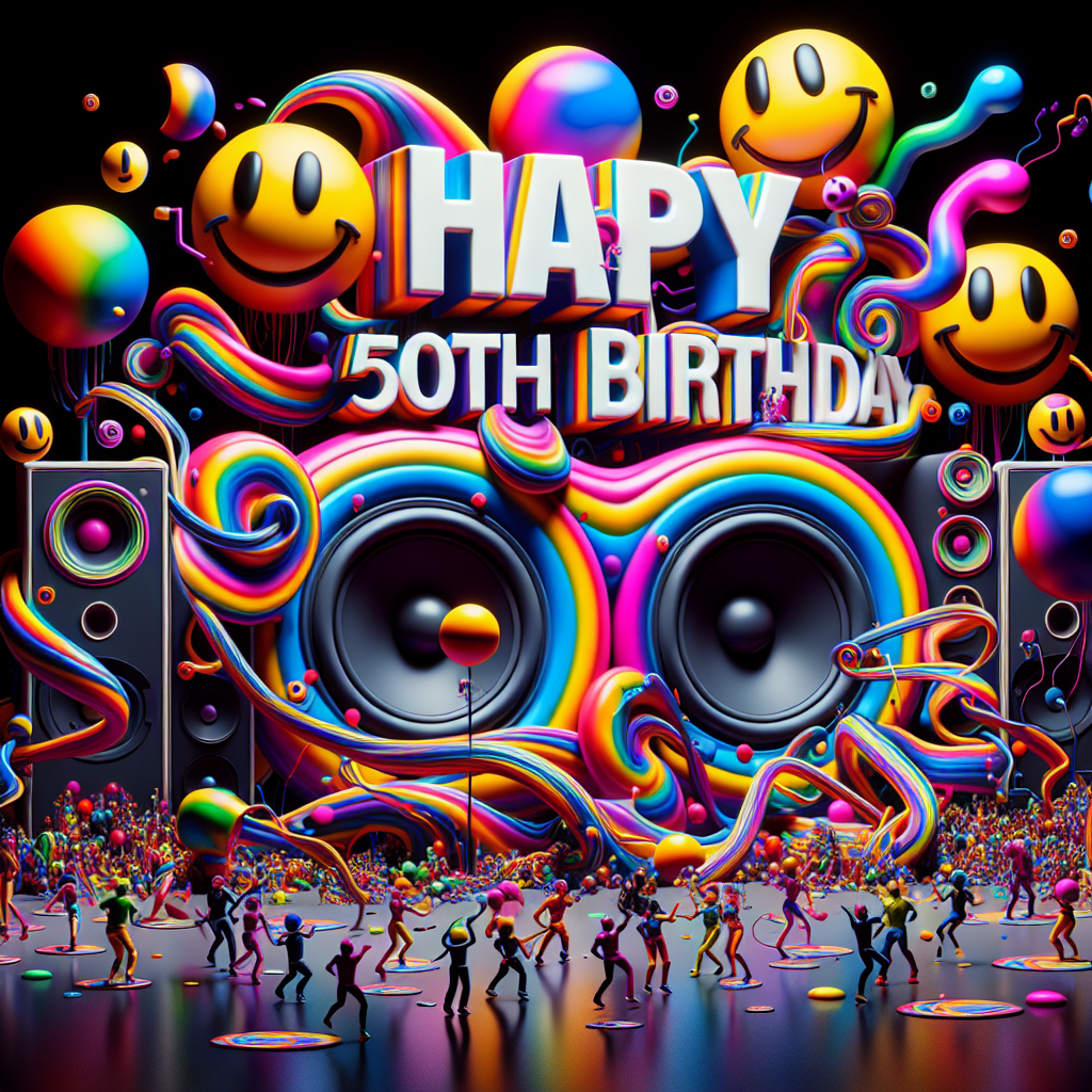 Create a surrealistic scene that brings to mind the atmosphere of a 90s acid techno rave. The vibrant colors swirl around as if they're dancing to the music. At the center, large 'Happy 50th Birthday, Terry' letters are stylized to resemble graffiti art. Surrounding this centerpiece, oversized speakers and abstract forms are entwined, blasting the very spirit of rave music. Energetic figures, of varying descents and genders, are captured displaying a diversity of dance moves. Floating smiley faces, an essential symbols of the 90s rave culture, hover here and there adding a whimsical touch to the scene.
Generated with these themes: Happy 50th Birthday, Terry, 90's, acid techno rave music, speakers, smiley faces, people dancing.
Made with ❤️ by AI.