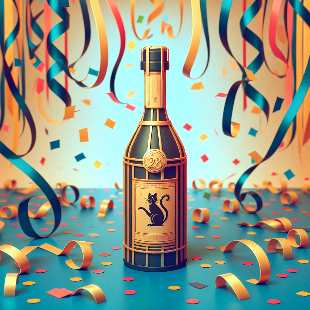 Drawing of a wine bottle with a playful cat label in a 1940s art deco style, surrounded by birthday streamers and confetti.
Generated with these interests: Cats, Wine, and 1940s.
Made with ❤️ by AI.
