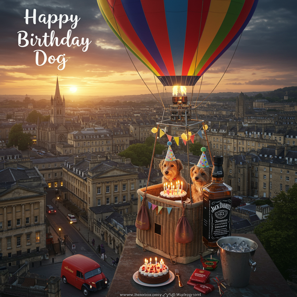 At the top of the photorealistic image, in whimsical and elegant script, include the text: "Happy Birthday Dog".

---

Create a captivating scene capturing the vibrant essence of a romantic birthday celebration in ultra-high-definition 4K. Picture a stunning aerial view over the historic City of Bath at dusk, with its elegant Georgian architecture bathed in the soft, golden glow of sunset. Dominating the scene is a colorful hot air balloon, gently floating in the sky, its basket adorned with festive birthday hats.

Inside the basket, a charming celebration unfolds: two adorable dogs, each wearing a tiny party hat, joyously guarding a deliciously adorned birthday cake. The cake, topped with glowing candles, casts a warm light across their furry faces. Nearby, a bottle of Jack Daniels sits in an ice bucket, adding a sophisticated touch to the airborne festivity.

In the distance, a vintage Royal Mail van is just visible, hinting at the thoughtful delivery of birthday cheer. The scene captures a moment where tradition meets whimsy, perfectly designed to warm the heart of any dog-loving birthday celebrant.
Generated with these themes: Hot air balloon , Jack Daniels, City of bath , 2 dogs , Birthday cake, Birthday hats , Royal mail , and .
Made with ❤️ by AI.