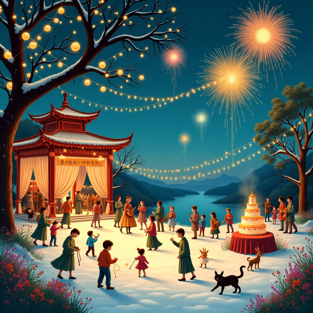 The front cover of the New Year greeting card showcases a bustling, festive scene, filled with vivid and intricate details. At the center, there's a grand, ornate pavilion draped with elegant fabrics and fairy lights, casting a warm glow that illuminates the gathering below. Above the pavilion, hanging from strings of twinkling lanterns, a banner gracefully stretches across the scene with the words "نوروز مبارك" in bold, flowing calligraphy.

Surrounding the pavilion, the landscape is lush and enchanting, reminiscent of Maxfield Parrish's vibrant palette. Tall, majestic trees with intertwining branches are adorned with sparkling, crystalline snowflakes, each uniquely detailed. The ground is a patchwork of soft, powdery snow and delicate, colorful wildflowers peeking through, capturing a sense of renewal.

In the foreground, a detailed tableau unfolds with people dressed in an eclectic mix of traditional and whimsical attire, evoking the expressive character designs of Arthur Rackham. Some are joyfully tossing confetti, while others play traditional musical instruments. A small child, illustrated in the energetic style of Quentin Blake, gleefully chases after a parade of fantastical animals—like a Beatrix Potter rabbit and an Edward Gorey cat—each carrying tiny lanterns on their tails.

To one side, an elegantly set table is laden with New Year treats, including a towering cake, whimsically frosted with swirls of vibrant icing, echoing the intricate linework of Aubrey Beardsley. On the other side, a group of children and fantastical creatures gather around a sparkling bonfire, its flames flickering with shades of azure and violet, reminiscent of Gustave Doré’s dramatic contrasts.

In the sky, against a backdrop of deep indigo transitioning to a soft twilight blue, firework displays burst into radiant blooms of gold, magenta, and emerald, their reflections dancing across a nearby tranquil lake. Each firework is illustrated with the meticulous detail akin to Norman Rockwell's realism, capturing a sense of timeless celebration.

Overall, this card is a dynamic and detailed visual symphony, harmoniously blending the enchanting and whimsical elements inspired by the works of the mentioned artists, creating a truly unique and captivating New Year's greeting.
Generated with these themes: نصير ضوئي .
Made with ❤️ by AI.
