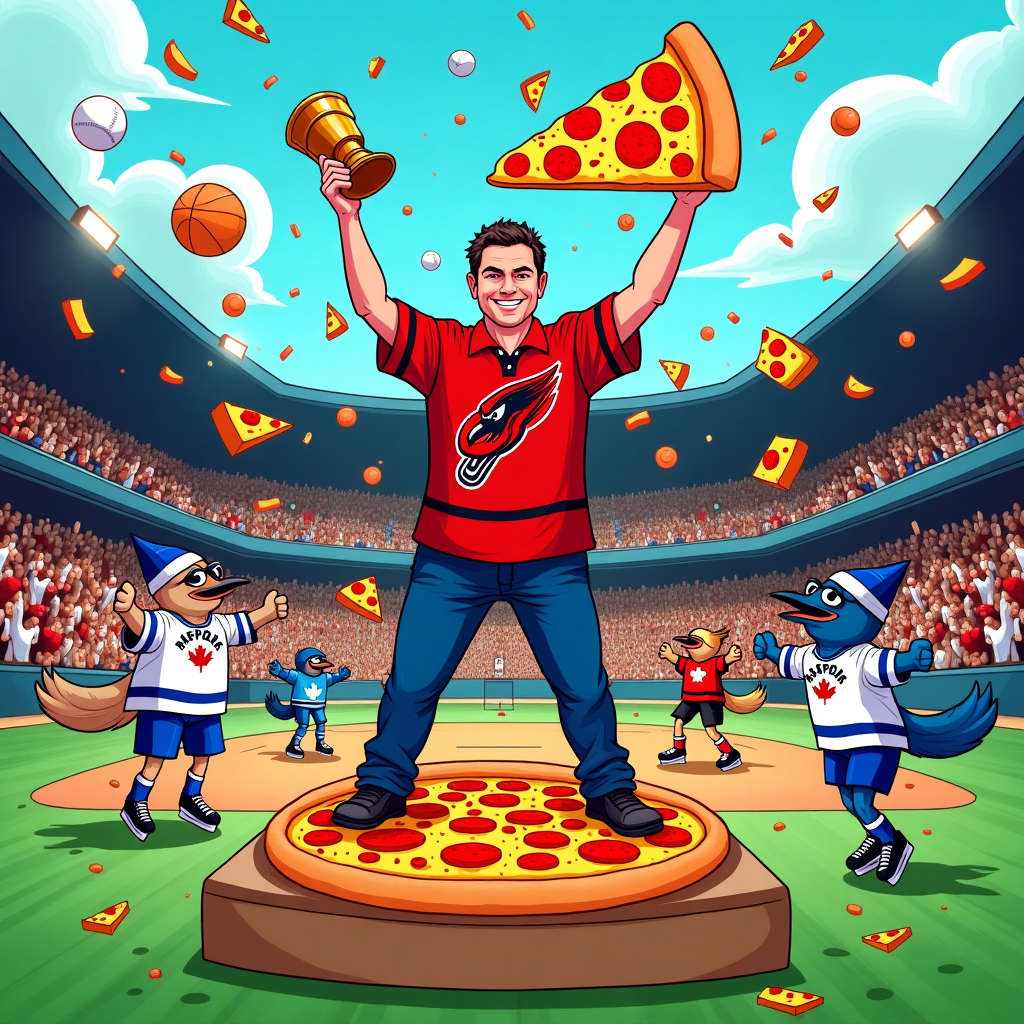 **Prompt for Illustration Image:**

At the top of the illustration image: *“Happy Birthday Dad — You’re a triple threat: Pizza-powered, Polo-shirted, and Toronto-team obsessed!”*

Create a vibrant, humorous illustrated scene where "Dad" is depicted mid-celebration on a cartoon-style sports field that's been transformed into a chaotic birthday pizza party.

- He's wearing an outrageous, buttoned-up polo shirt decked out with patterns combining the logos and mascots of the Toronto Raptors (Raptor mascot), Maple Leafs (hockey sticks), and Blue Jays (bird feathers).
- Dad is dramatically holding a slice of oversized pepperoni pizza like a trophy above his head while standing victoriously on a giant pizza box in the center of the field.
- Around him, cartoon mascots — a blue jay wearing sunglasses, a friendly maple leaf on skates, and a goofy-looking raptor — are having a food fight with pizza slices and cupcakes flying everywhere.
- Fans in the stadium stands are wearing pizza slice hats, cheering wildly while tossing more pizza slices instead of confetti.
- The color palette is bright and cheeky: cheesy yellows, pepperoni reds, Raptors purple, Leafs blue, and Blue Jays cyan — all in comic book-style illustration with thick outlines and expressive cartoon faces.
- Add in playful background details like a goal net stuffed with pizza boxes, birthday balloons shaped like baseballs, hockey pucks, and basketballs.

Mood: Chaotic, playful, and packed with Canadiana + birthday joy.
Generated with these themes: Pizza, Polo Shirts, Toronto Raptors, Toronto Maple Leafs, and Toronto Blue Jays.
Made with ❤️ by AI.