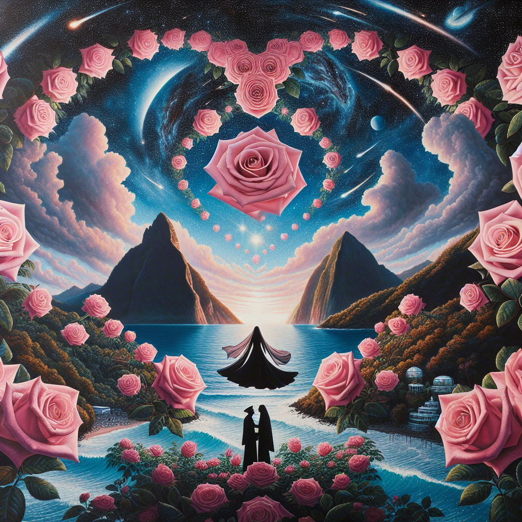 A grand canvas embodying a dimension where time seemingly ceases its course, illustrating an otherworldly celebration of an anniversary taking place in the picturesque island, St. Lucia. Luscious pink roses unfurl in resplendent bloom, their petals escorted by a delicate ocean draught, assembly into a heart-shaped arrangement of stars that dominates the vista. At the very epicenter, two silhouette outlines of a middle-eastern woman and a Black man stand united and intertwined, symbolizing everlasting affection against the setup of an uncanny ceremony, with the island's legendary Pitons ascending triumphantly in the distant panorama.
Generated with these themes: Pink Roses , Love, Wedding, and St lucia.
Made with ❤️ by AI.