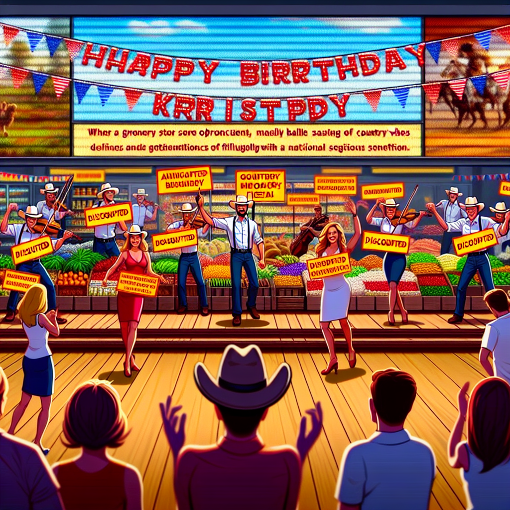 Visualize an animated birthday display, where animated characters outfitted as grocery store employees enthusiastically label each item with bright 'discounted' stickers, enhancing the festive ambiance. Meanwhile, a backdrop of a country music fiesta resonates with soulful melodies, with passionate dancers of varying genders and descents moving rhythmically, creating a fusion of party vibes and religious sentiment. 'Happy Birthday Kirsty' banners flutter in the animated draft, harmonized by the complementing presence of national flag buntings, creating a vivid panorama of jubilation and national admiration.
Generated with these themes: Lidl employees putting reduced stickers on everything , Country music festival with religious people dancing, and Happy birthday kirsty signs and American flag bunting are around the festival.
Made with ❤️ by AI.