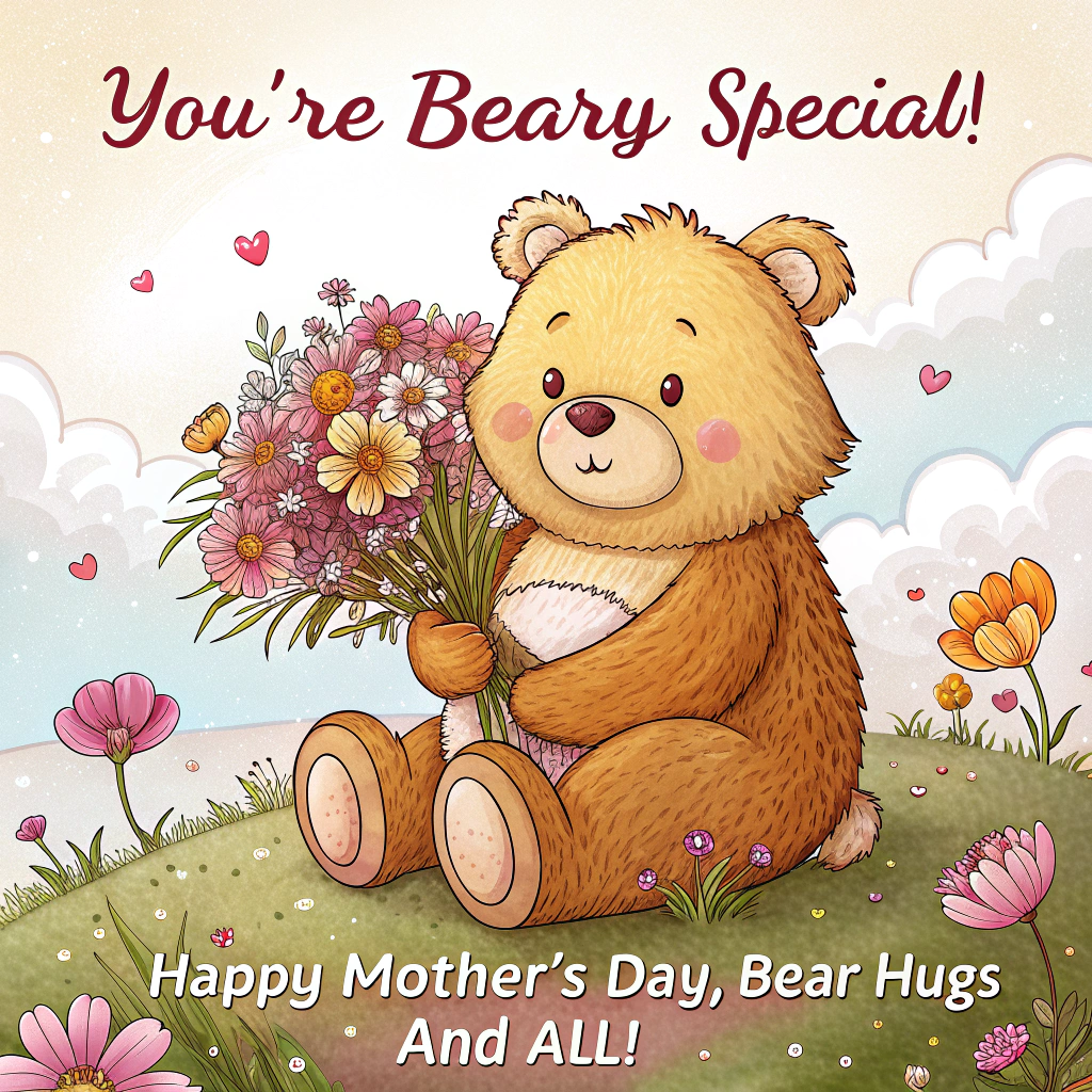 At the top of the image, "You're Beary Special!" Add at the bottom of the image, "Happy Mother's Day, bear hugs and all!"

- In the center, illustrate an adorably pudgy, cartoon-style bear sitting in a meadow. The bear has soft fur in varying shades of warm caramel and honey.

- The bear holds a large, sparkling bouquet of stylized flowers. The petals of the flowers range from blush pinks to deep fuchsia, with tints of metallic gold giving them a magical glint.

- Around the bear, scatter fluffy clouds, shaped like hearts, in various pink hues that seem to float above a shimmering gold field of wildflowers.

- Let rays of sunshine in tints of golden yellow beam down onto the bear, creating a heartwarming atmosphere.

- Include a few bees with shiny golden wings buzzing cheerfully around the bear and the flowers, adding a lively and joyful touch to the scene.

- The background can depict rolling hills in soft, pastel pink tones with golden leaves gently falling, providing a sweet, dreamy ambiance.
Generated with these themes: Different shades of pink, Tints of gold , A cute bear, and Make it say happy mother's day.
Made with ❤️ by AI.