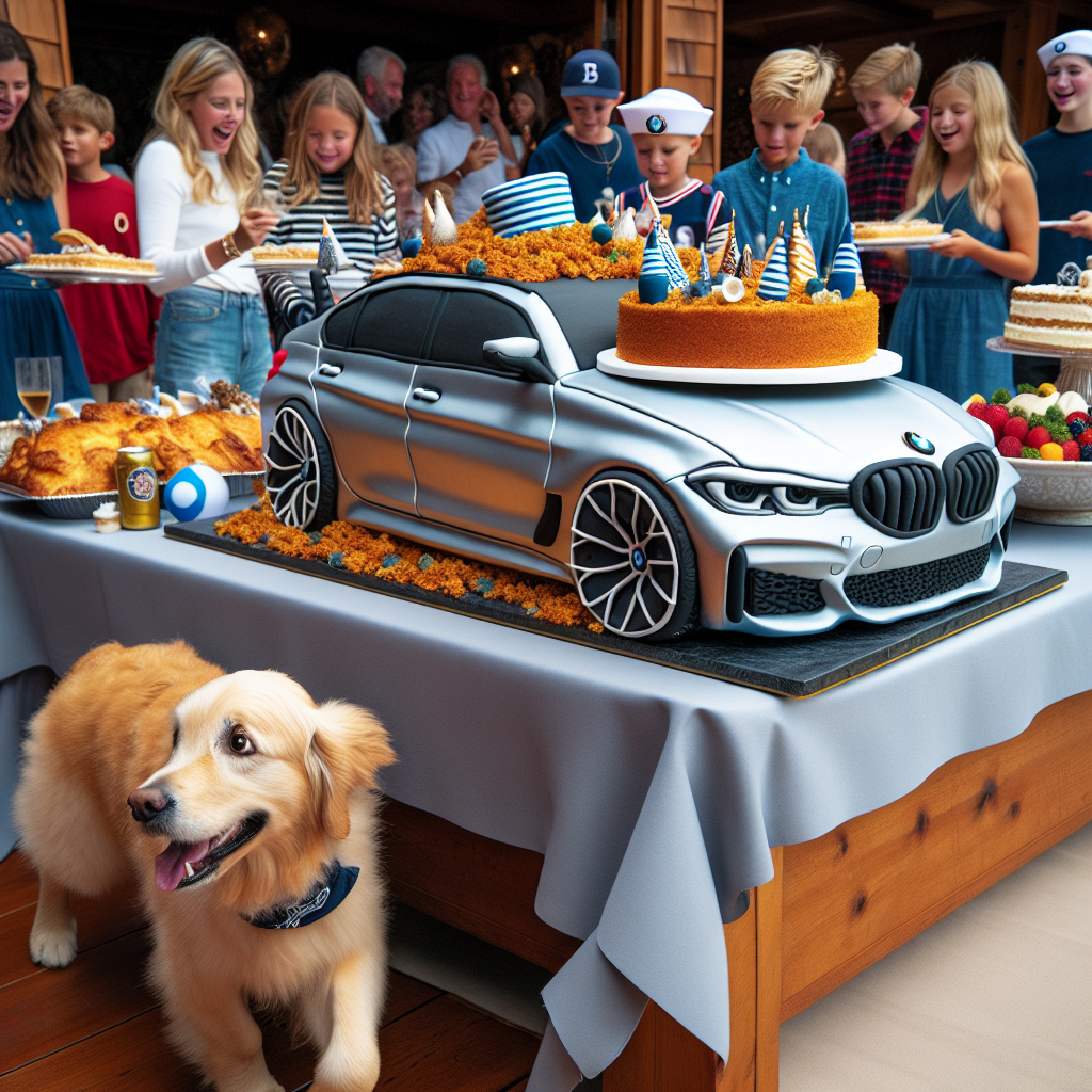 In the middle of a lively birthday celebration, a life-sized cake crafted to resemble a BMW car becomes the focus of excitement, with its amazingly detailed edible alloy wheels and sugar frosted windows. The food display is inspired by a navy theme, resembling the bounty of a sailor's feast spread freshly on the deck. Among the revelers, a sociable golden retriever wearing a small sailor's hat weaves his way, diligently scouting for an opportunity to gobble some food or receive a playful pet. His antics ignite laughter and joy throughout the gathering.
Generated with these themes: Food , BMW , Navy sailor , and Golden retriever .
Made with ❤️ by AI.