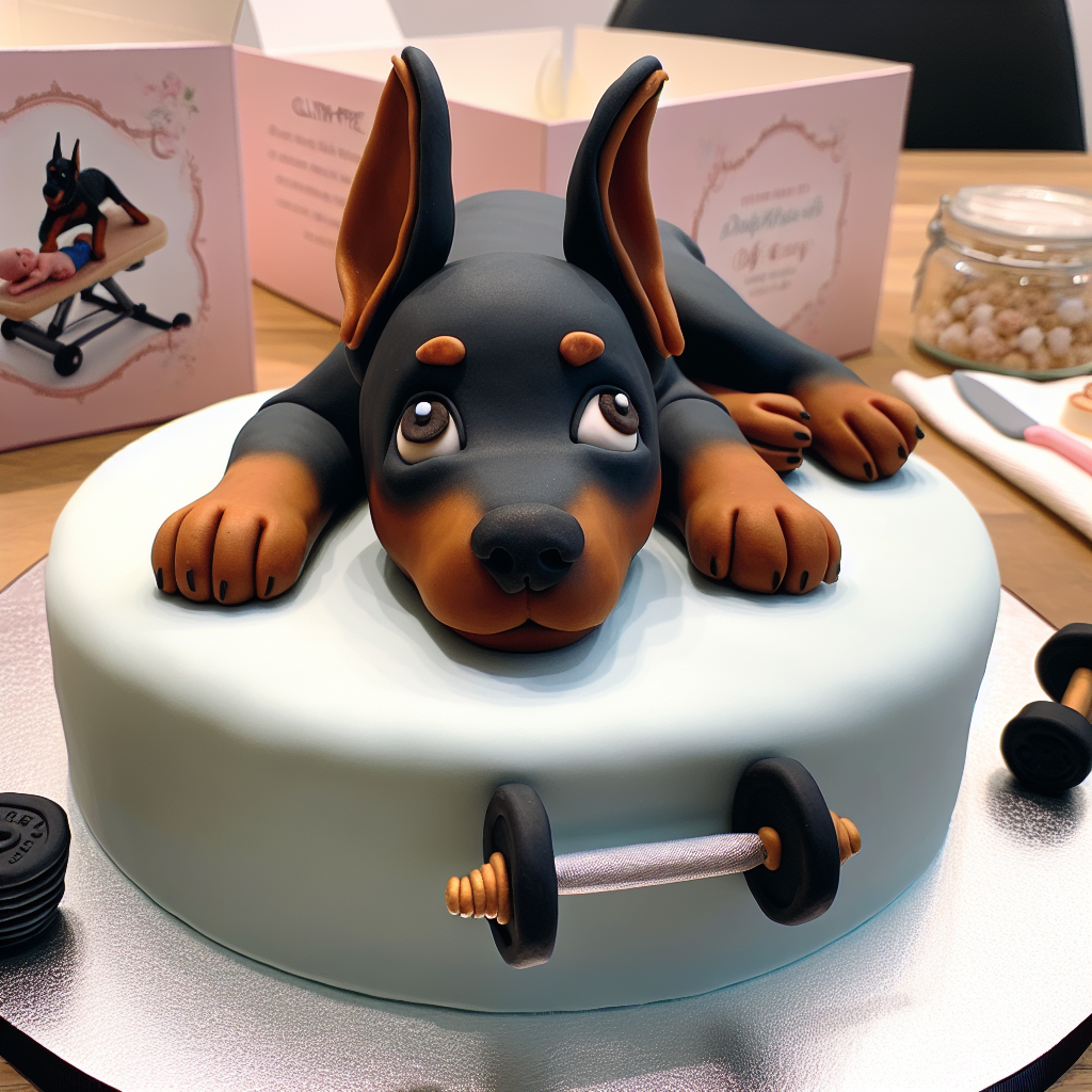 A meticulously crafted celebration cake for a new baby's arrival. It's designed to display endearing and lifelike details. The primary aspect of this cake is a sweet portrayal of a Doberman, sculpted subtly, mirroring the family's pet. The doberman sports kind eyes replicating a real dog's gaze. It's a gluten-free sponge creation, highlighting the consideration for dietary preferences. Moreover, the cake is embellished with miniature gym equipment made of icing. Key gym apparatus-like a tiny weight bench and a barbell-are added with an intention to reflect the parents' passion for fitness, integrating an interesting element of personality into the cake design.
Generated with these themes: Gluten free, Doberman , and Gym.
Made with ❤️ by AI.
