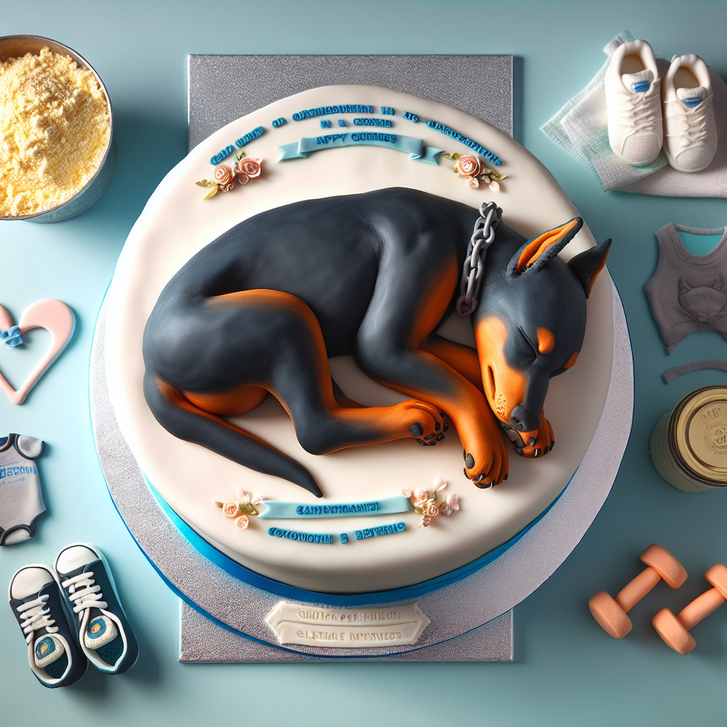 Generate a heart-touching, hyper-realistic cake crafted to commemorate a newborn's arrival. The cake is meticulously shaped to resemble a Doberman in a sleeping position, symbolizing loyalty and protection. The fondant icing is designed to mimic the dog's fur with fine detail, making it appear true-to-life. Additionally, the cake is gluten-free, meeting certain dietary necessities. Adorned around the cake base, the decorations display a fitness-themed motif with miniature dumbbells and running shoes illustrating the parents' fondness for physical exercise. This captivating ensemble seamlessly blends warmth, specificity, and personal touch into the design.
Generated with these themes: Gluten free, Doberman , and Gym.
Made with ❤️ by AI.