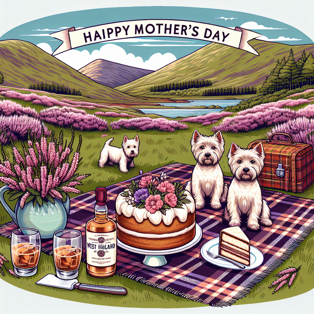Create a vector illustration celebrating Mother's Day set in Scotland. The picturesque scene involves a plaid blanket, similar to the traditional Scottish kilt patterns, laid out in preparation for a quaint picnic. On the blanket sits a freshly baked cake and a bottle of fine Scottish whisky, symbolizing a toast to mothers everywhere. On the backdrop of this scene, include West Highland Terriers displaying playfulness. The surrounding landscape is beautified with gentle heather blooms native to Scotland. This scene encapsulates both the charming culture of Scotland and the essence of a heartwarming Mother's Day celebration.
Generated with these themes: Scotland, Whisky, West Highland terriers, and Cake.
Made with ❤️ by AI.