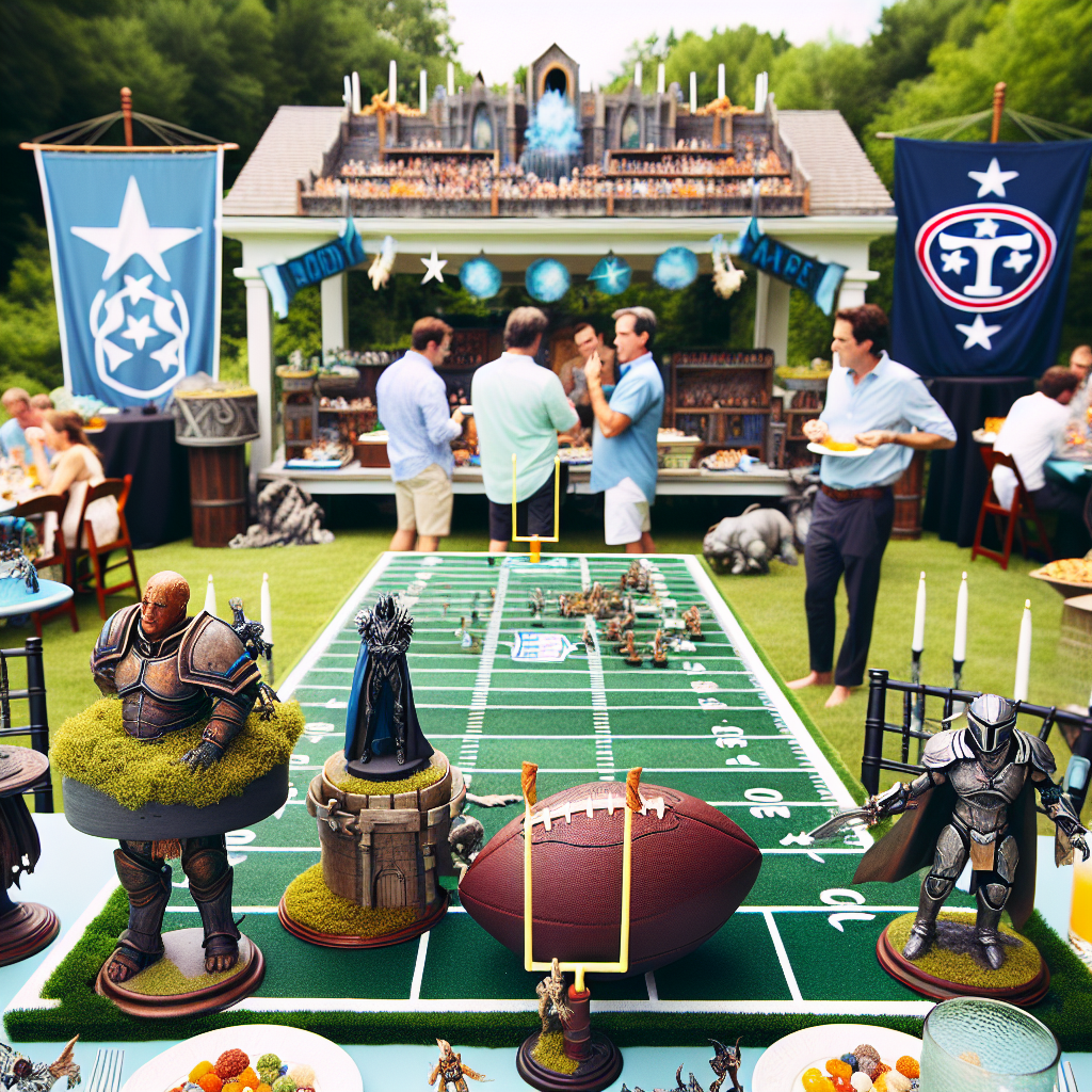 Picture a whimsical birthday gathering taking place in a backyard transformed into a mythical football field mixing elements of imagination and reality. Set in the lush region of Tennessee, the decoration honors a local football team with banners flying high. Guests are seen chuckling and talking amidst a playful blend of elements from an alternative fantasy and a popular board game, strategically sprinkled around the venue. Table centerpieces featuring miniature sci-fi and fantasy characters merge with familiar imagery of space-themed warriors, who stand like guards by the buffet table, while attendees pass along a leather-bound ball stitched to resemble an artifact from the board game.
Generated with these themes: Bloodbowl, Tennessee Titans, Warhammer, and Star Wars.
Made with ❤️ by AI.