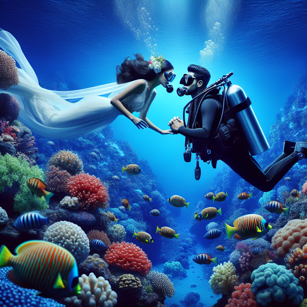 Depict a serene underwater scene with deep blue waters. Focus on a South Asian female and a Middle Eastern male scuba diving in happy bliss, signifying the essence of an anniversary celebration. They are surrounded by a vibrant, realistic coral reef teeming with colorfully patterned fish. The calmness of the ocean's depth and the divers’ tender interaction, all contribute to a celebration of love.
Generated with these themes: Scuba diving .
Made with ❤️ by AI.