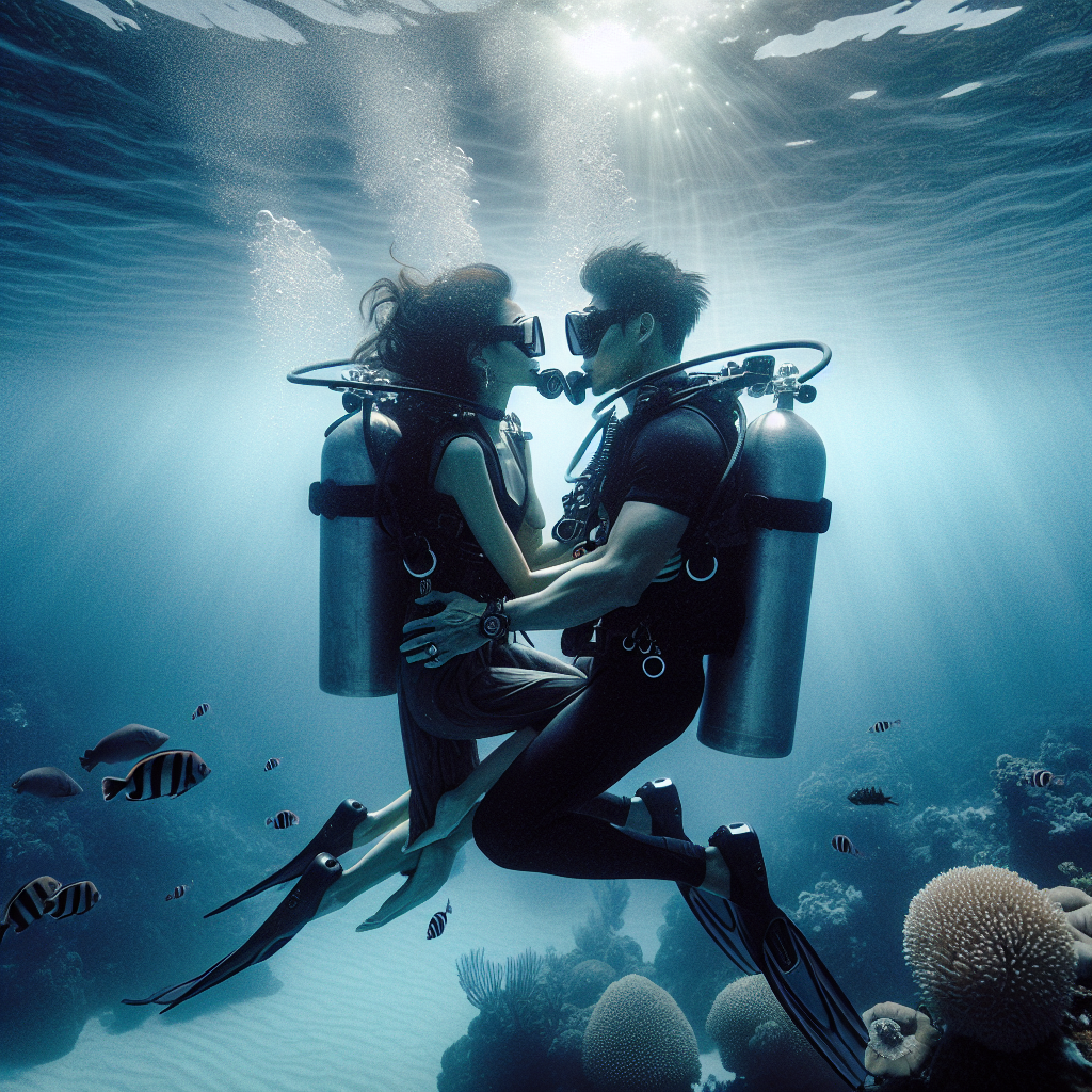 Imagine a heartfelt anniversary celebration underwater, blending the charm of romance with the exhilarating excitement of scuba diving. The backdrop is a clear, serene ocean where a Caucasian male and an Asian female scuba diver couple are locked in a tender embrace, encircled by a subtle assortment of marine wildlife. Soft, illuminating light descends from the water surface, casting a shimmering radiance onto the lifelike scene, enhancing the closeness and thrill of their joint venture. Their equipment is safely secured, indicating seasoned divers, and their expressions through their masks, one of peace and contentment.
Generated with these themes: Scuba diving .
Made with ❤️ by AI.
