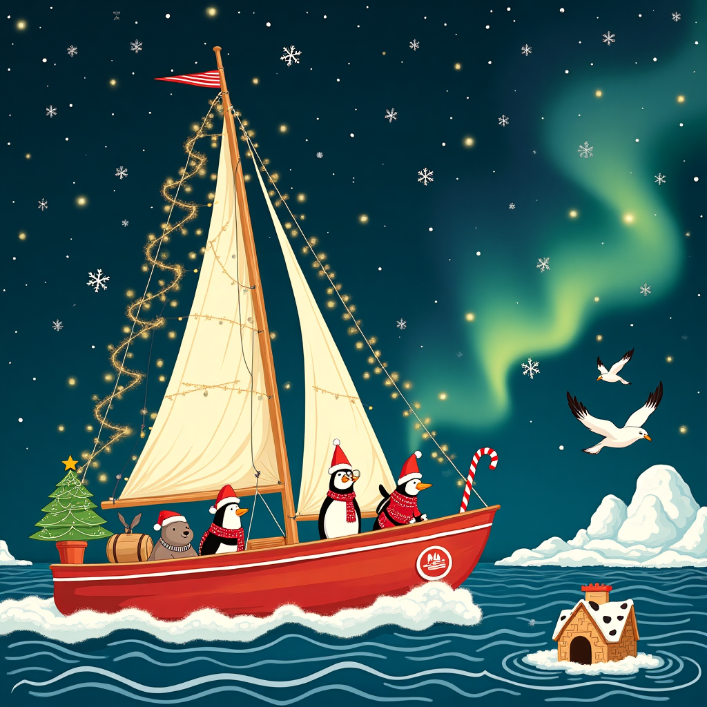 In the foreground of the Christmas card, we have a whimsical monohull sailing yacht, cutting through the icy North Sea waves with its sails billowing like the wings of a festive angel. The yacht is adorned with twinkling Christmas lights, zigzagging up the mast and wrapping around the rigging like a glittering garland, casting a cheerful glow on the dark waters below. The hull of the yacht is painted in a bright red, reminiscent of Santa’s sleigh, with a playful reindeer mascot logo peering from the bow. Bobbing on the yacht’s deck, we see a quirky crew of anthropomorphic sea creatures dressed in winter attire—a walrus wearing a Santa hat, a seal with a knitted scarf, and a penguin captain sporting a red, frosty nose and glasses reminiscent of Charles Schulz’s thoughtful characters. These merry mariners are cheerfully stringing more lights and decorating a tiny potted Christmas tree, which sits beside a barrel labeled “Eggnog Fuel.”

In the background, a curtain of fluffy snowflakes flutters from a star-studded sky, transforming the air into a festive wonderland. Each flake is uniquely intricate, capturing the detail that Winsor McCay would appreciate. On the horizon, the ethereal glow of the Northern Lights paints the sky in swirling greens and purples, echoing a Tezuka-style wonder. Seagulls with comically exaggerated Santa hats fly above, honking out their own version of a Christmas carol, echoing the quirky humor of Bill Watterson. Meanwhile, an oversized fish leaps from the water, eyes wide in cartoonish surprise as it carries an oversized candy cane in its mouth, a nod to Gary Larson's absurdity. Off to the side, an iceberg shaped like a giant gingerbread house with icing-like snow on its roof completes the scene, offering a touch of holiday whimsy to this maritime merriment.
Generated with these themes: North sea, Monohull Sailing Yacht with Christmas lights, Festive weather, Happy, and .
Made with ❤️ by AI.
