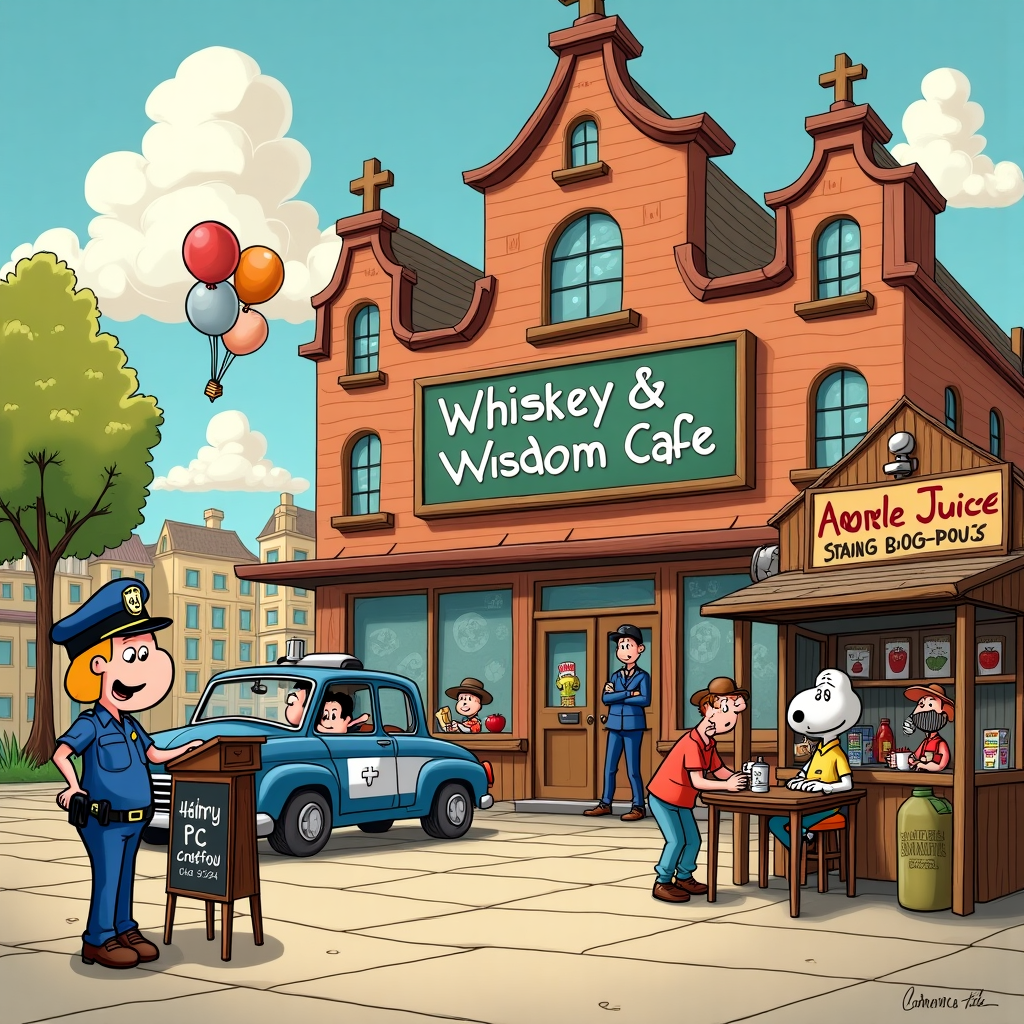 In the bustling backdrop of a cartoon-inspired cityscape, our scene is set in front of an eccentric classroom-turned-cafe. The building has the whimsical architectural flair reminiscent of Disney's charming animations, complete with spiraling turrets and oversized windows. At the entrance, there's a chalkboard sign reading “Whiskey & Wisdom Cafe – Teaching the Spirit!” with the 'Whiskey' bottle playfully tipped and pouring into a coffee cup drawn alongside it. Inside, Catherine Tate, in her iconic comedic persona, stands at a podium animatedly teaching a room full of eager cartoon characters, each a blend of Peanuts' simplicity and Calvin and Hobbes' mischievousness.

In the foreground, an amicable cartoon police officer, PC Crawford, depicted with an oversized friendly hat and a mustache twirling upwards, stands next to a vintage patrol car from the likes of Tintin's adventures. He's holding a large thank-you banner that floats overhead on balloons, reminiscent of Schulz's Peanuts style, reading “Thank you PC Crawford! Class 6 3/24” in playful, cloud-like lettering that drifts into the clear sky.

To the side, a small table showcases a creative mishmash of items: a miniature replica of a Western cowboy's saloon with toy guns replaced by bubble-blowing pipes, adding a layer of Far Side's quirky humor. The saloon's porch is labeled “Bubble Blasters” and puffs out exaggerated cartoon bubbles that float around the scene, reflecting the sunlight in pastel hues akin to McCay's dreamy color palette.

In the far corner, a nod to Osamu Tezuka's manga influence is visible with a character resembling Astro Boy, energetically assisting a customer with a mechanical contraption that amusingly turns apples into mock whiskey bottles labeled “Apple Juice.” The spirit of comix finds its place in the corner with a small stand of comic books, their covers adorned with wild, expressive characters straight from R. Crumb's imagination.

This thank-you card blends the themes into a charming tapestry of cartoon chaos, where education, law enforcement, and a touch of humor unite under the quirky realm of gratitude.
Generated with these themes: Whiskey , guns , police , teaching, Catherine Tate.
Made with ❤️ by AI.
