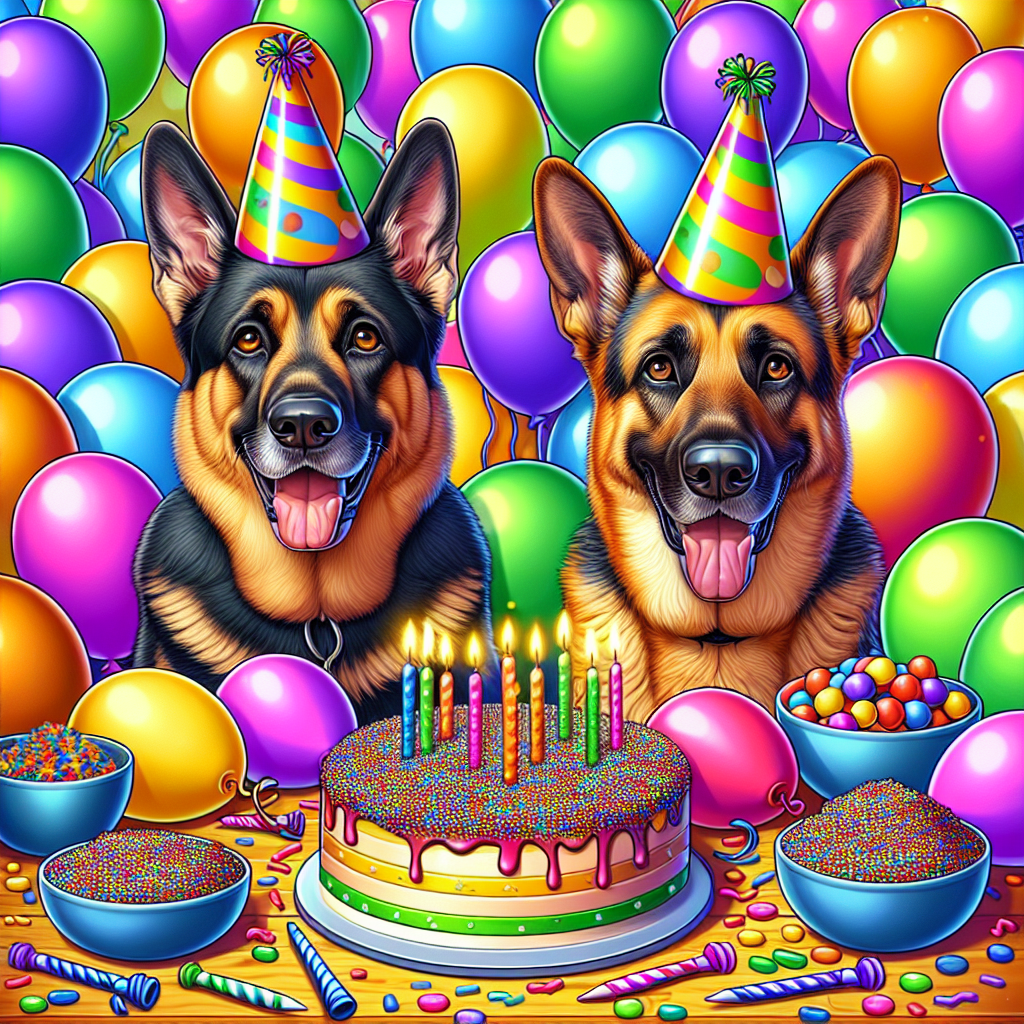 Visualize a lively cartoon birthday scene with a colorful array of balloons and a cake covered in sprinkles, creating an ambiance of joy. In the midst of such vibrant festivity, two adult German Shepherd dogs inject a sense of warmth and compassion. The dog to the left distinguishes itself with a glossy black and tan coat, and its brown eyes pulsing with a combination of loyalty and mischief. With party hats sitting jauntily atop their heads, they manifest an eagerness to participate in the joyous celebration.
.
Made with ❤️ by AI.