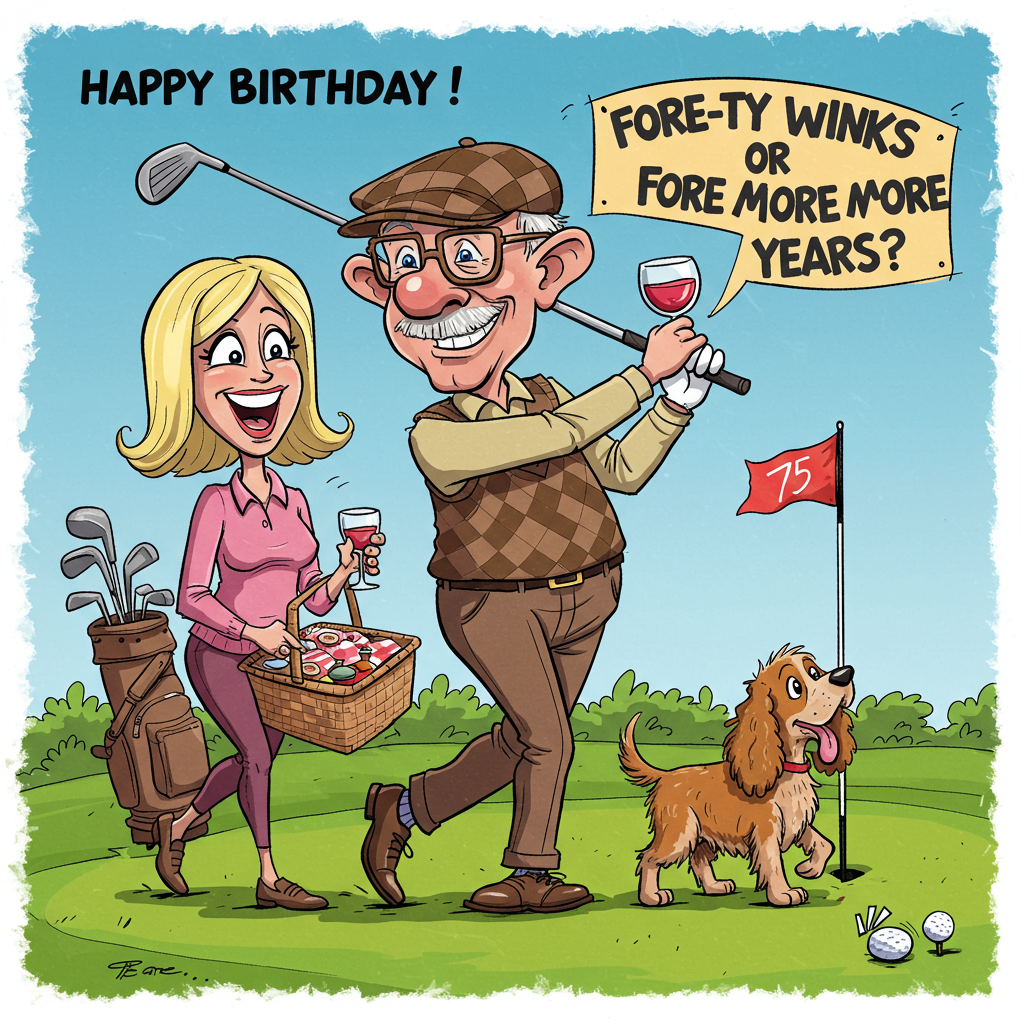 At the top of the Cartoon Style image, include the text: "Happy Birthday Roger!"

---

Image Description:

In a lively, playful cartoon style, depict a vibrant scene of a 75-year-old headteacher energetically swinging a golf club on a sunlit golf course. The headteacher, with exaggerated features and a mischievous grin, sports a checkered golf cap and glasses, while holding a glass of wine in his other hand. His blonde wife, with big, cheerful eyes and an animated smile, follows behind, laughing and holding a picnic basket. Beside her trots a cheerful brown cocker spaniel with floppy ears and a wagging tail. The background bursts with bright, saturated colors of green grass, a blue sky, and a colorful banner in the sky that reads "Fore-ty Winks or Fore More Years?" in playful, bold letters, adding a cheeky touch to the scene.
Generated with these themes: .
Made with ❤️ by AI.