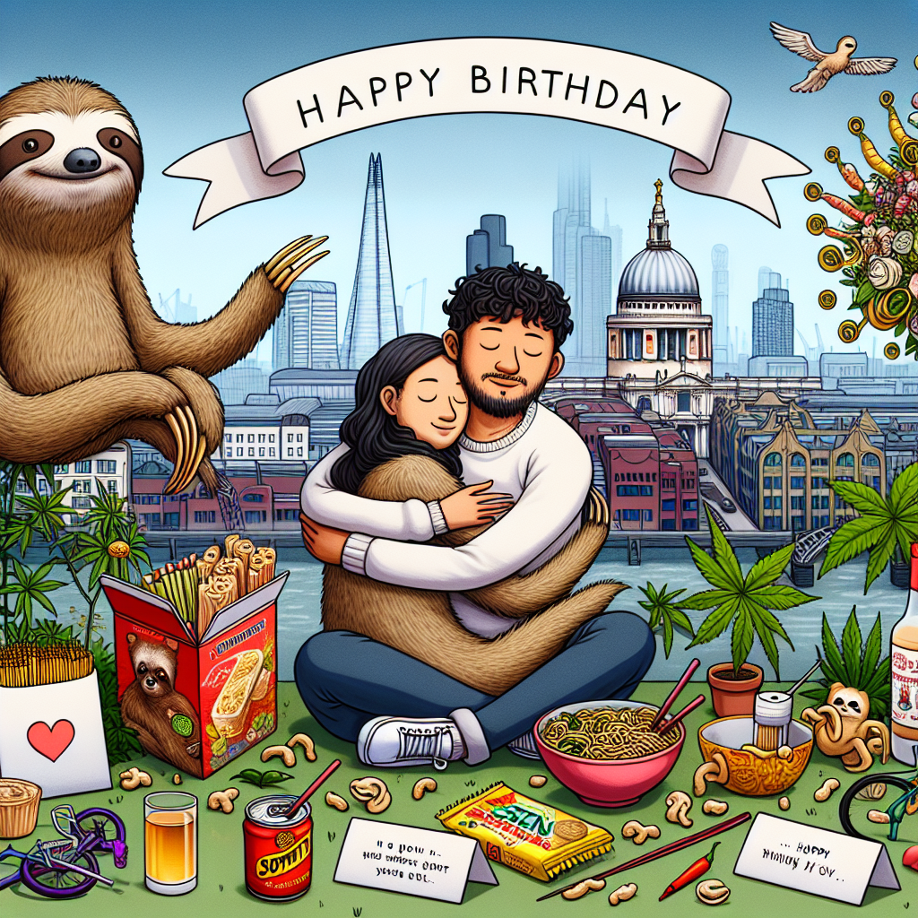 Imagine a heartwarming cartoon scene representative of a birthday celebration, filled with love and togetherness. Two adorable sloths cuddle affectionately, the London Shard dominates the cityscape, while St Paul's Cathedral forms a majestic backdrop, creating a picturesque view. The atmosphere is further enhanced with Zen motifs and serene hues bringing in elements of meditation and tranquility. The foreground is filled with 'Happy Birthday' banners, enacted by a tall, curly-haired South Asian man and a blonde Caucasian woman sharing a tender moment. Around them, you can see symbols of their hobbies: a verdant bicycle, packets of instant noodles, peanuts, and musical notes floating. A hint of naughtiness is added with references to whisky and cannabis, while the Hindi phrase ‘जन्मदिन की शुभकामनाएँ’, meaning birthday wishes, is elegantly scripted.
Generated with these themes: Whisky, Cannabis, Two sloths cuddling, Meditation and spirituality, Instant noodles, Peanuts, Music, Tall indian curly hair boyfriend and white blonde girlfriend, Happy birthday, Great view of london shard in middle and st pauls cathedral, Green bicycle , and जन्मदिन की शुभकामनाएँ.
Made with ❤️ by AI.