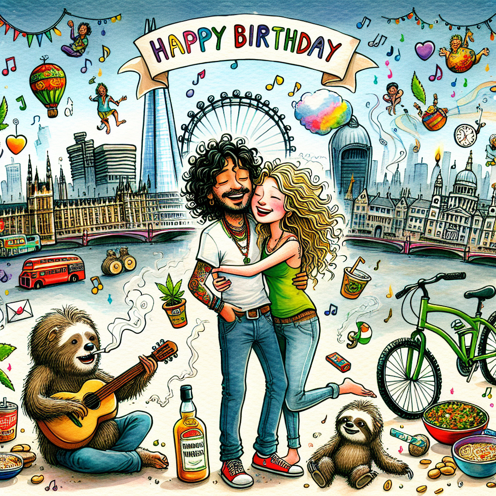 Illustrate a lively cartoon imagery of a birthday scene. In the backdrop, feature an ebullient depiction of the London skyline with landmarks such as Shard and St Paul's Cathedral. In the foreground, draw a tall, curly-haired man of Indian descent, and his blonde, white female companion in a tender embrace. They are standing by two friendly sloths, symbolizing companionship. Strewn around them is a collection of their favorite items, like a bottle of whisky, a cloud of cannabis smoke, a bowl of instant noodles, and scattered peanuts. By their side, station a tranquil green bicycle. The picture is filled with floating musical notes, suggesting their love for melodies. Add elements of spirituality with symbols and a meditative aura. At the top, write 'Happy Birthday' in vibrant letters, further enhanced by the Hindi greeting 'जन्मदिन की शुभकामनाएँ'.
Generated with these themes: Whisky, Cannabis, Two sloths cuddling, Meditation and spirituality, Instant noodles, Peanuts, Music, Tall indian curly hair boyfriend and white blonde girlfriend, Happy birthday, Great view of london shard in middle and st pauls cathedral, Green bicycle , and जन्मदिन की शुभकामनाएँ.
Made with ❤️ by AI.
