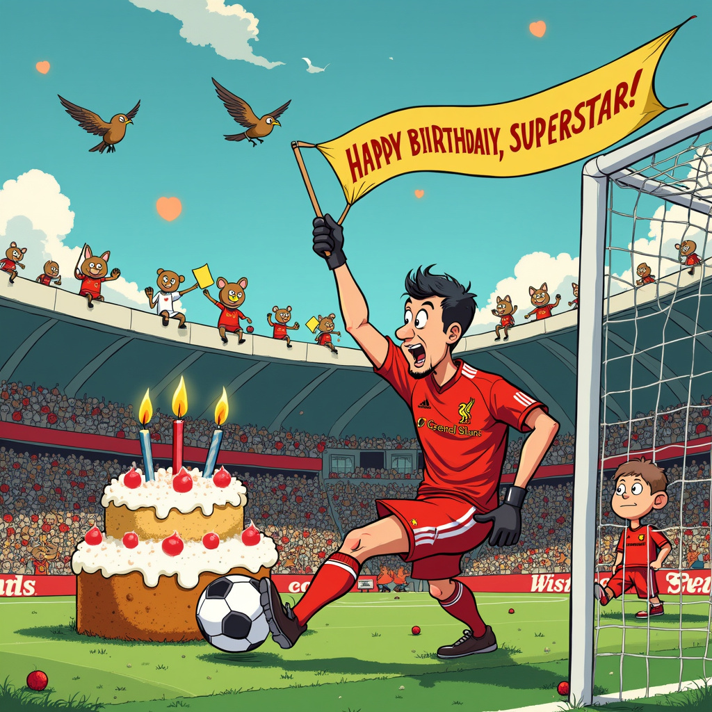 Picture a vibrant, dynamic cartoon scene set in a whimsical, slightly surreal soccer stadium, akin to the fantastical settings of Winsor McCay's "Little Nemo in Slumberland." The stands are filled with a mix of adorable, exaggerated animals wearing Liverpool Football Club jerseys, roaring and waving flags as if they're the ultimate superfans. 

Front and center on the field is a comically exaggerated birthday cake in the shape of a soccer ball, with candles shaped like mini soccer players from the Soccer Starz collection, poised to blow them out with their tiny, determined expressions. Their tiny legs are kicking soccer balls at the candles, trying to blow them out in the most dramatic, over-the-top fashion.

In the goal post, we have the iconic Liverpool FC goalkeeper Alisson Becker, drawn in a slightly caricatured style inspired by Gary Larson's "The Far Side." He’s humorously trying to catch a soccer ball that's actually a giant, grinning cupcake, creating a whimsical blend of the soccer and birthday themes.

In the background, you can see a couple of Cubs (think teddy bear-like creatures with endearing, big eyes in the style of Osamu Tezuka’s characters) acting as the referees. They’re wearing referee jerseys and holding up yellow cards, but the cards are actually birthday cards with "Happy Birthday" written on them in bold, colorful letters.

The sky above the stadium is a bright, cheerful blue, with animated birds (perhaps inspired by the fluid, lively style of Walt Disney’s early work) holding a banner that reads, "Happy Birthday, Superstar!" in playful, comic-book style font reminiscent of Will Eisner’s graphic novels.

Each element of the scene is bustling with action and detail, making it a feast for the eyes, much like the intricate, vibrant worlds created by Hergé in "Tintin." The foreground, middle ground, and background are rich with humorous, celebratory elements, ensuring that the birthday greeting is not only visually striking but also uniquely engaging.
Generated with these themes: Soccer starz, Liverpool football club, and Cubs.
Made with ❤️ by AI.