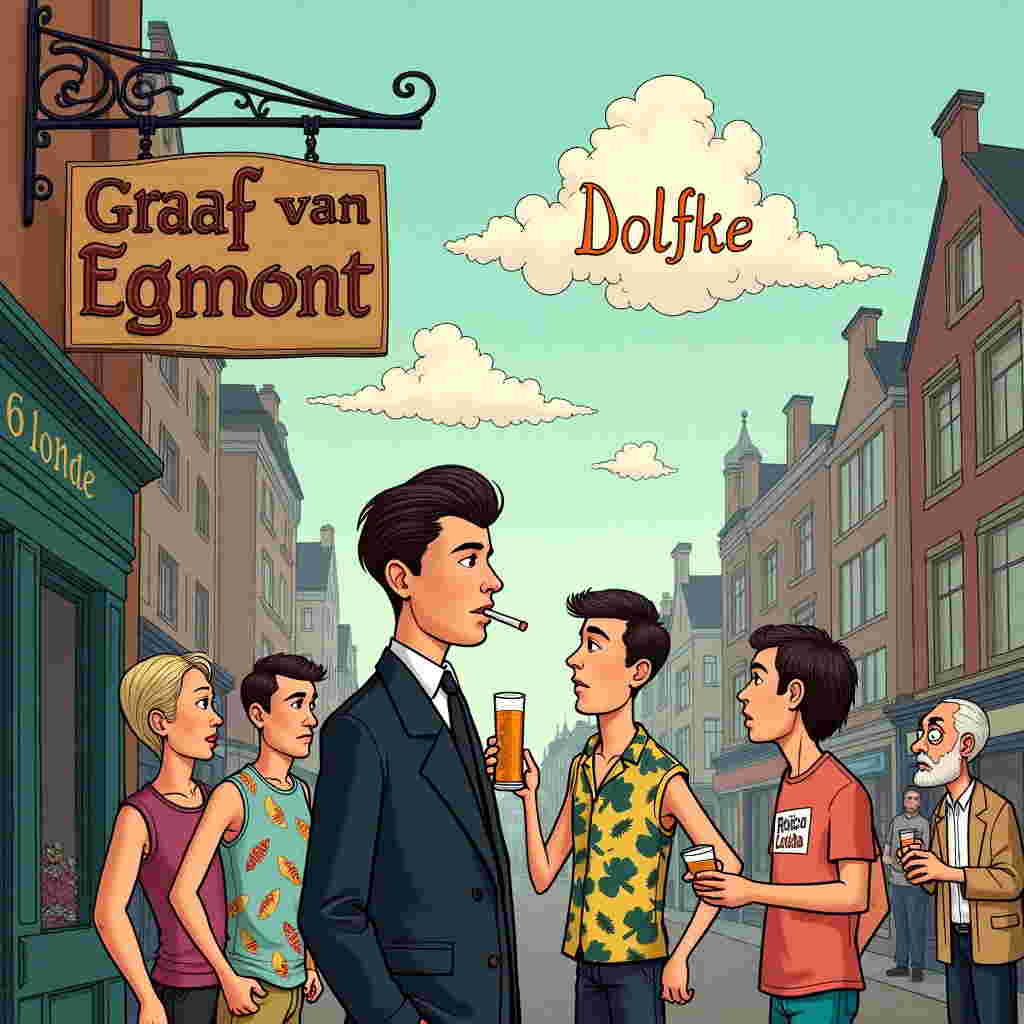 In the bustling street outside "Graaf van Egmont," a whimsical and slightly absurd scene unfolds. At the forefront stands a young European man, his appearance a curious blend of historical hairstyles—a slicked-back Hitler-esque 'do crowning his head, while he dons an outfit reminiscent of Kim Jong-Un's signature attire, yet somehow managing to exude a playful and comedic vibe rather than one of severity. The young man holds a cigarette between his lips and casually cradles a beer in his other hand. Flanking him are his friends, dressed in an array of casual outfits, perhaps one in a Hawaiian shirt with surfboards printed on it and another in a classic rock band t-shirt, lending a sense of lively camaraderie. Above them, the pub's sign, a grand wooden board with elegantly carved letters, reads "Graaf van Egmont," hanging from an iron bracket and gently swaying in the breeze. In the sky above, in puffy white clouds, the name "Dolfke" is artfully inscribed, a touch of whimsy and personalized humor to the scene. This not-so-subtle hint at the recipient's name playfully floats above the friends, like a celestial banner in the sky. A few onlookers at the edge of the illustration, perhaps a couple or an old man with a bushy beard, glance over curiously, adding to the scene's bustling and slightly mischievous energy. This curious tableau, with its mix of anachronism and contemporary casualness, embodies a quirky narrative twist perfect for a humor-laden sympathy card.
Generated with these themes: Central figure: European very young and shaven man of 25 years old dressed like and figure of Kim Jong-Un and hair dress of Adolf Hitler, His friends, who are casually dressed, are with him, The central figure smokes a cigarette and drinks a beer, and In the background a pub called "Graaf van Egmont".
Made with ❤️ by AI.