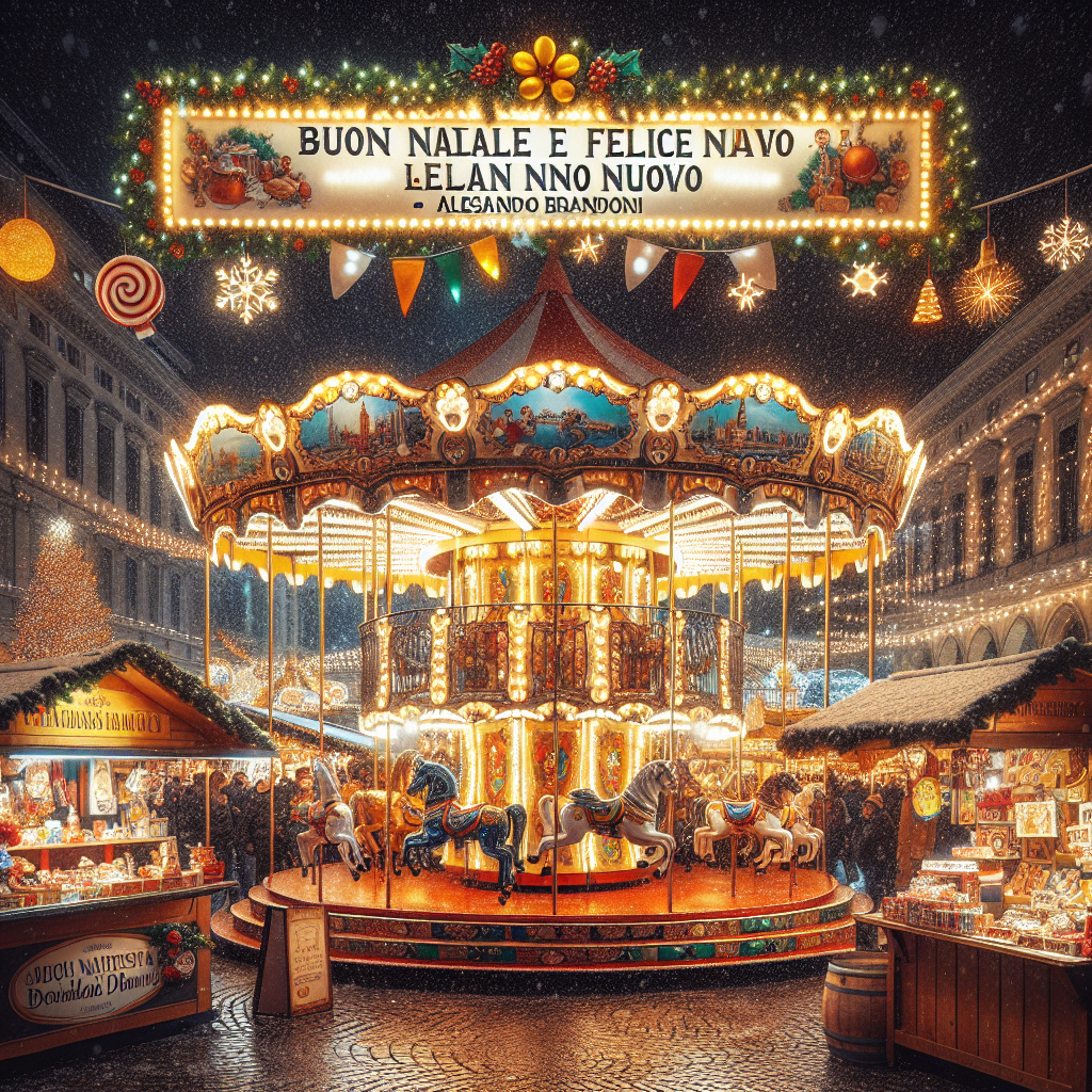 A bustling Christmas market scene with an Allianz branded carousel in the center, surrounded by holiday stalls selling treats and gifts. Above the merry-go-round, a banner flies with 'Buon Natale e Felice Anno Nuovo - Alessandro Brandoni' flashing in cheerful lights, while the surrounding snowfall creates a whimsical atmosphere.
Generated with these themes: ALLIANZ.
Made with ❤️ by AI.