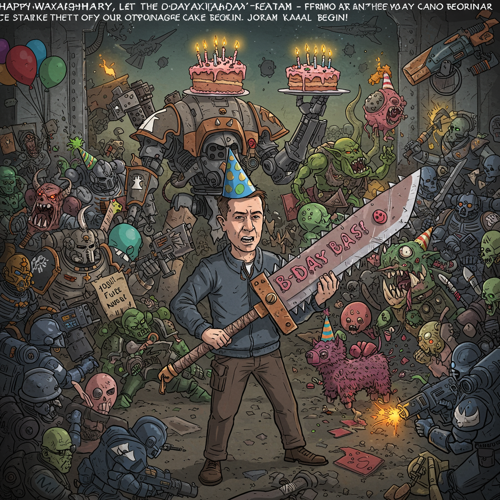 **Prompt for Image:**

At the top of the cartoon image, include the line:  
**"Happy Waaagh-day, Adam – Let the carnage cake begin!"**

Create a cartoon-style image bursting with comedic chaos in the grimdark Warhammer 40k universe:

- In the center, Adam is drawn wearing an over-the-top hybrid of a party hat and an Ork war helm, holding a giant chainsword with "B-Day Bash" scrawled across it.
- A towering, grumpy Grey Knight is trying to balance a slice of birthday cake on his daemonhammer.
- An Ork mob is firing party poppers that explode with glitter and squigs instead of bullets.
- A confused squad of Imperial Guard is trying to survive the “birthday ambush,” ducking behind presents marked “From Nurgle” that leak suspicious green slime.
- A towering Imperial Knight is wearing a giant novelty bowtie, stomping while awkwardly trying to light a massive candle atop a planet-sized cupcake.
- Tau Fire Warriors are unsuccessfully attempting to organize a polite conga line, only to be photobombed by Space Wolves howling with party horns.
- Fabius Bile is in the corner presenting Adam with a hideously mutated piñata... it twitches.
- Raven Guard troops keep appearing from shadows to pop balloons and vanish again.
- Necron warriors are lazily hovering over, shooting lasers to play birthday music—terribly off-key.

The whole scene should be vibrant, chaotic, and brimming with sci-fi slapstick energy—a galaxy-wide birthday bash gone wonderfully rogue.
Generated with these themes: Warhammer 40k, Warhammer 40k Orks, Warhammer Imperial Guard, Warhammer Grey Knights, Warhammer Tau, Warhammer Imperial Knights, Warhammer Raven Guard, Warhammer Fabius Bille, Warhammer Nurgle, Warhammer Space Wolves, and Warhammer Nekrons.
Made with ❤️ by AI.