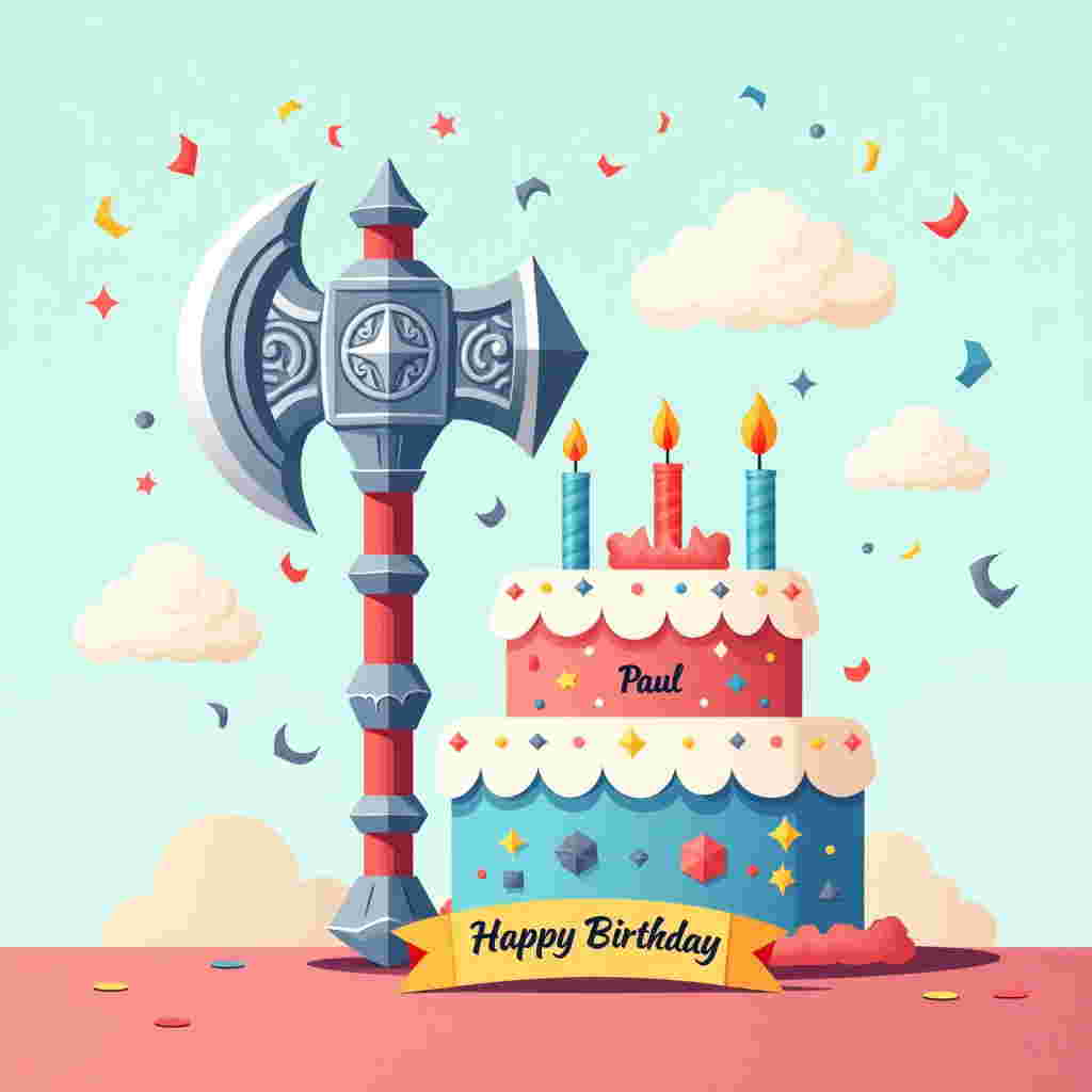 Visualize a vibrant and whimsical birthday greeting card featuring a flat vector style, with a color palette that harmonizes vibrant reds, blues, and metallic silvers, creating a striking contrast against a soft pastel background.

**Central Scene:**
At the heart of the card, a robust war hammer stands prominently. The war hammer is intricately designed, with a handle adorned in spiraling geometric patterns, combining hues of deep blue and metallic silver. The head of the hammer glistens with a polished silver finish, adorned with stylized etchings reminiscent of ancient runes.

**Foreground Elements:**
A playful, tiered birthday cake sits prominently beside the war hammer, its surface smooth and matte, colored in soft pastel blues and pinks. Each tier is decorated with flat, vector-style candles emitting small, flickering flames. Across the top tier, the name "Paul" is crisply inscribed in bold, blocky letters, mimicking the angular design of the war hammer's etchings.

**Background Elements:**
The background is a soft pastel gradient, transitioning from a serene sky blue at the top to a gentle pink near the bottom, creating a warm, inviting atmosphere. Stylized clouds, crafted from flat, overlapping shapes, float lightly across the top of the card, each outlined with crisp, bold lines.

**Additional Details:**
A scattered arrangement of confetti-like elements in the form of small, flat stars and diamond shapes, in colors of red, blue, and silver, cascades across the scene, adding a celebratory feel. In the lower corner, a small banner unfurls, its surface appearing as if crafted from folded paper, carrying the simple message, "Happy Birthday," in sleek, vector-style text.

**Overall Composition:**
The design maintains a harmonious balance of whimsical and bold elements, using crisp lines and flat shapes to create a modern, clean aesthetic that captures the playful spirit of a birthday celebration infused with the epic grandeur of a war hammer theme.
Generated with these themes: War hammer , and .
Made with ❤️ by AI.
