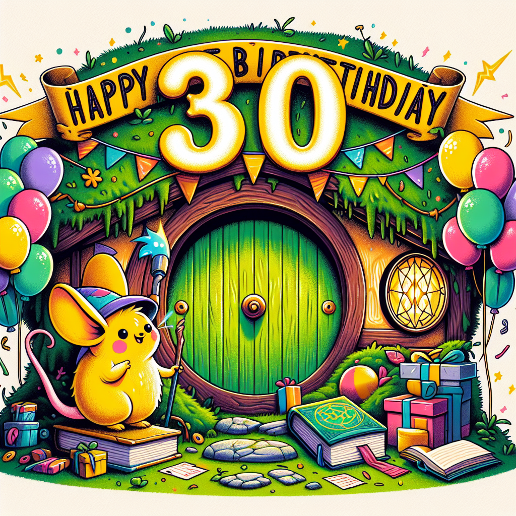 A colorful birthday illustration displays a fun blend of popular fantasy elements. In the middle, a round, moss-engulfed door, reminiscent of those from fantastical hobbit houses, stands as gleaming '30' in bold gold font above it, indicating the celebrant's age. To the left, a playful cartoon-style chubby, yellow electric mouse with large ears, wearing a sorcerer's hat, is playing with spell books, a reference to famous wizarding stories. To the right, celebratory balloons and streamers are entangled with a distinctive striped scarf, indicative of different magical school factions. The setting is filled with a cozy, welcoming ambiance, perfect for a 30th birthday party.
Generated with these themes: Lord of the rings , 30th , Harry Potter , and Pokémon .
Made with ❤️ by AI.