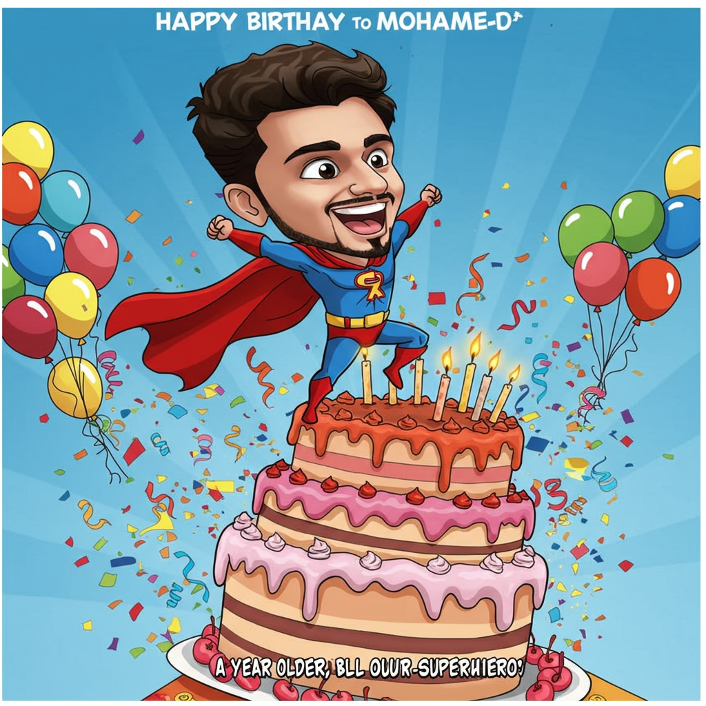 At the top of the Cartoon Style image, write "Happy Birthday to Mohammed!"

**Image Description:**

Imagine a playful and colorful cartoon-style image featuring an animated version of Mohammed. He is depicted with exaggerated proportions—large, expressive eyes, a broad smile, and a quirky hairstyle. He's dressed in a superhero outfit, complete with a cape flowing dramatically in the wind, as he stands heroically atop a giant, teetering birthday cake stacked with vibrant layers of icing and oversized, wobbling candles.

Around him, a joyful explosion of confetti and balloons fills the scene, creating an atmosphere of celebration and fun. The bright, saturated colors of the balloons and cake contrast against a clear blue sky. Below him, in bold, playful lettering, is the caption: "A Year Older, But Still Our Superhero!" 

This cheerful, cartoonish artwork is perfect for a funny birthday card, capturing the playful spirit of the occasion.
Generated with these themes: .
Made with ❤️ by AI.