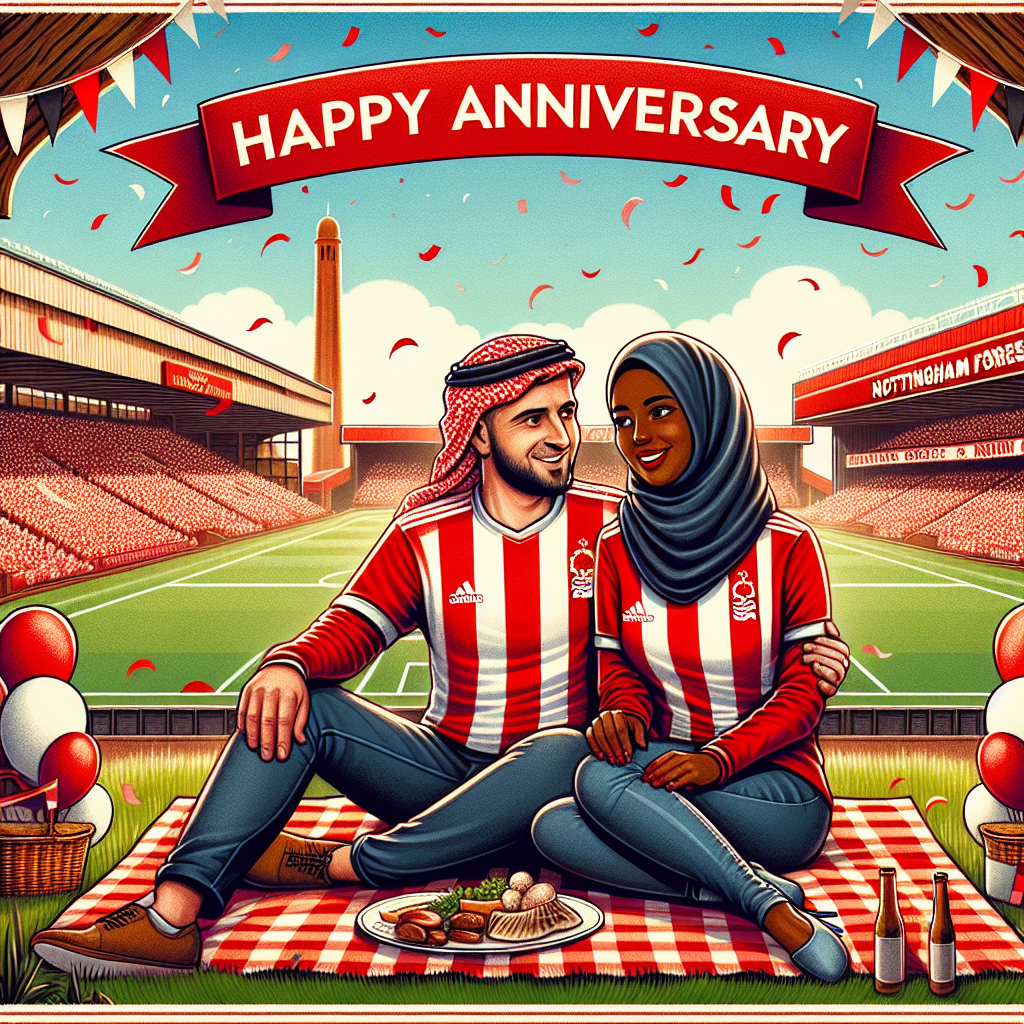 Create a charming illustration commemmorating an anniversary, set against the picturesque backdrop of a popular football stadium, reminiscent of Nottingham Forest's City Ground. Details in red and white subtly echo the colors of a renowned football team. The foreground portrays a romantic image of a couple, with the man of Middle-Eastern descent and the woman of Black descent, both affectionately wearing jerseys that mirror the team's color scheme. They are comfortably settled on a checkered picnic blanket. Hovering over them is a banner stating, 'Happy Anniversary,' amidst a cascade of joyful confetti.
Generated with these themes: Nottingham Forest.
Made with ❤️ by AI.