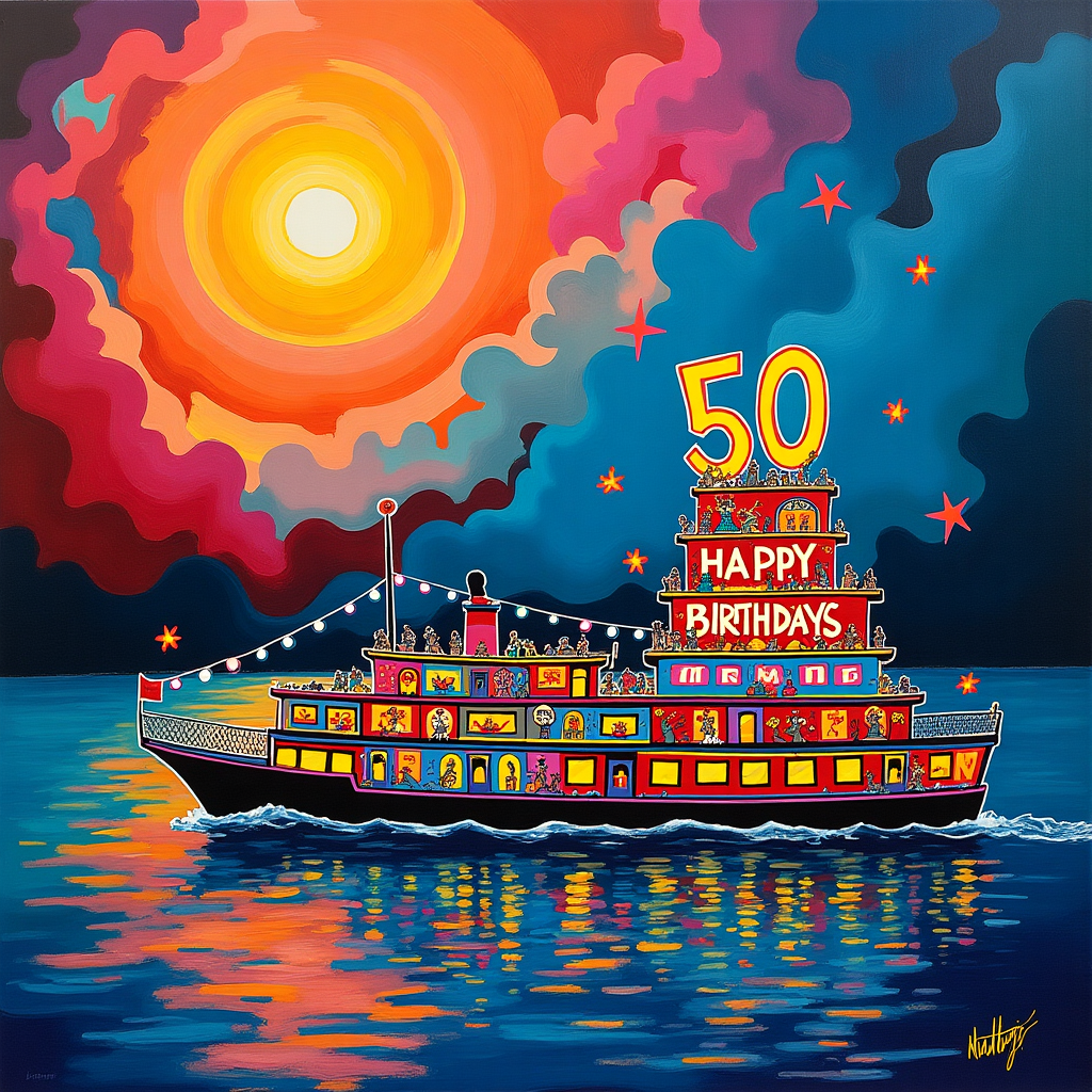 In the foreground of the surreal abstract birthday card, a vibrant, swirling kaleidoscope of colors sets the stage, inspired by Kandinsky's energetic compositions. The River Clyde flows with an ethereal quality, its waters reflecting a fragmented tapestry of neon lights reminiscent of a 1990s techno rave. A stylized version of the Tuxedo Princess party boat sails majestically across the river. The boat is an explosion of geometric forms, Mondrian-like rectangles in primary colors, but they're pulsating with Pollock-inspired splatters and drips in luminous neon hues.

Above, the sky transitions into a dreamy, Rothko-esque expanse of layered colors—fiery oranges and deep blues blend seamlessly into the horizon. Within these celestial bands, the name "David" emerges, spelled out in wispy, cloud-like formations, blending the influence of Twombly's scribbles with de Kooning's organic shapes.

In the background, a rave scene unfolds with minimalist figures inspired by Malevich's Suprematist forms. They dance with exaggerated movements, their limbs abstract and fragmented, echoing the intensity of early 90s techno beats. A giant, whimsical birthday cake sits on the deck of the Tuxedo Princess, its tiers adorned with Miro-esque symbols—stars, crescents, and abstract shapes in bright, festive colors. Atop the cake, an oversized numeral "50" glows with a futuristic, digital font, paying homage to the electronic age. A banner, reminiscent of Agnes Martin’s delicate grid work, unfurls in the breeze, inscribed with "Happy Birthday, David," its letters playfully integrated into the grid pattern, inviting the viewer to search for the celebratory message amidst the organized chaos.
Generated with these themes: Tuxedo Princess party boat on the River Clyde, Techno music from the early 1990s, Rave music, and 50th Birthday.
Made with ❤️ by AI.