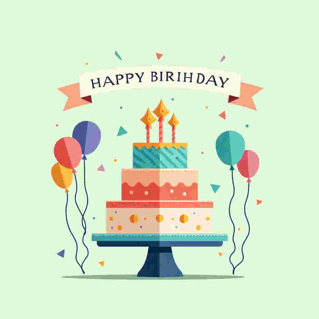 Create a front cover for a birthday greeting card using a clean vector style with flat shapes and crisp lines. Design a vibrant scene featuring a large, multi-layered birthday cake as the central element. The cake should be in the middle of the scene, with a sleek and geometric design, consisting of three tiers.

**Color Palette:**
- Use a base of muted pastel colors for the background, like a soft mint green.
- Add accents with a bright and vivid palette: shades of coral, turquoise, lemon yellow, and royal blue for the cake's decorations.

**Cake Details:**
- Each tier of the cake should have a different pattern. Use thin stripes on the bottom tier, polka dots on the middle tier, and zigzag patterns on the top tier.
- Place a cluster of stylized, flat star shapes in varying sizes at the top of the cake, substituting traditional candles, in shades of orange, pink, and yellow.

**Background Elements:**
- In the background, position abstract, geometric balloons floating on either side of the cake. Use solid colors with slight variations for each balloon, incorporating teal, lavender, and peach.
- Behind the cake, depict a smooth, arched banner with a crisp, clean font displaying the text "Yaniel Ortiz, Jose Linaros, Osvaldo Gonzale, Kenneth Tellez". Choose a simple sans-serif font, colored in a deep navy blue to stand out against the background.

**Additional Details:**
- Include minimalistic confetti scattered across the scene in small triangles and circles in colors from the palette.
- Keep the overall scene uncluttered, emphasizing symmetry and balance, inspired by the precision and clarity of artists like Malika Favre and Patrick Seymour.

This design should capture attention with its crispness and creativity, while maintaining an elegant simplicity that resonates with the styles of the mentioned artists.
Generated with these themes: Happy.
Made with ❤️ by AI.