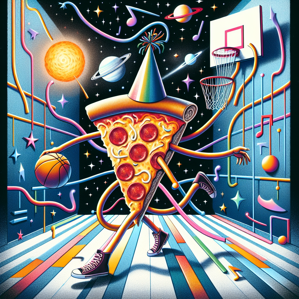 Imagine a whimsical birthday card filled with abstract shapes and vibrant colors. The central scene captures a playful occurrence: a slice of pepperoni pizza donned with a party hat is effortlessly dribbling a basketball. To enhance the event, there are subtle lines that mimic the strings of an electric guitar running all over. The background hosts a cosmic spectacle of stars and planets, adding a mystic and celebratory touch to the entire image. This surreal combination exudes a sense of celebration and fun, perfect to commemorate a special day.
Generated with these themes: Pepperoni pizza, Basketball, Electric guitar, and Space.
Made with ❤️ by AI.