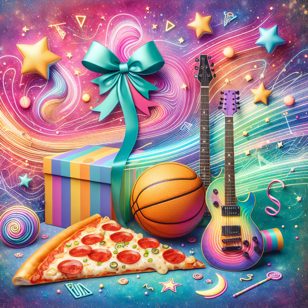 Create an abstract background with a birthday theme swirling in pastel hues, highlighted by playful symbols. In the middle, visualize a slice of pepperoni pizza embellished with a colorful ribbon, perfectly balanced on top of a basketball. Position an electric guitar with a neon outline adjacent to the basketball, leaning against a backdrop filled with stars and celestial objects suggestive of space exploration and wonder.
Generated with these themes: Pepperoni pizza, Basketball, Electric guitar, and Space.
Made with ❤️ by AI.