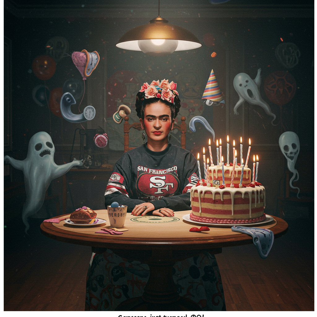 Seance with freida kahlo wearing san francisco 49ers sweatshirt. candles on birthday cake., and Birthday Card