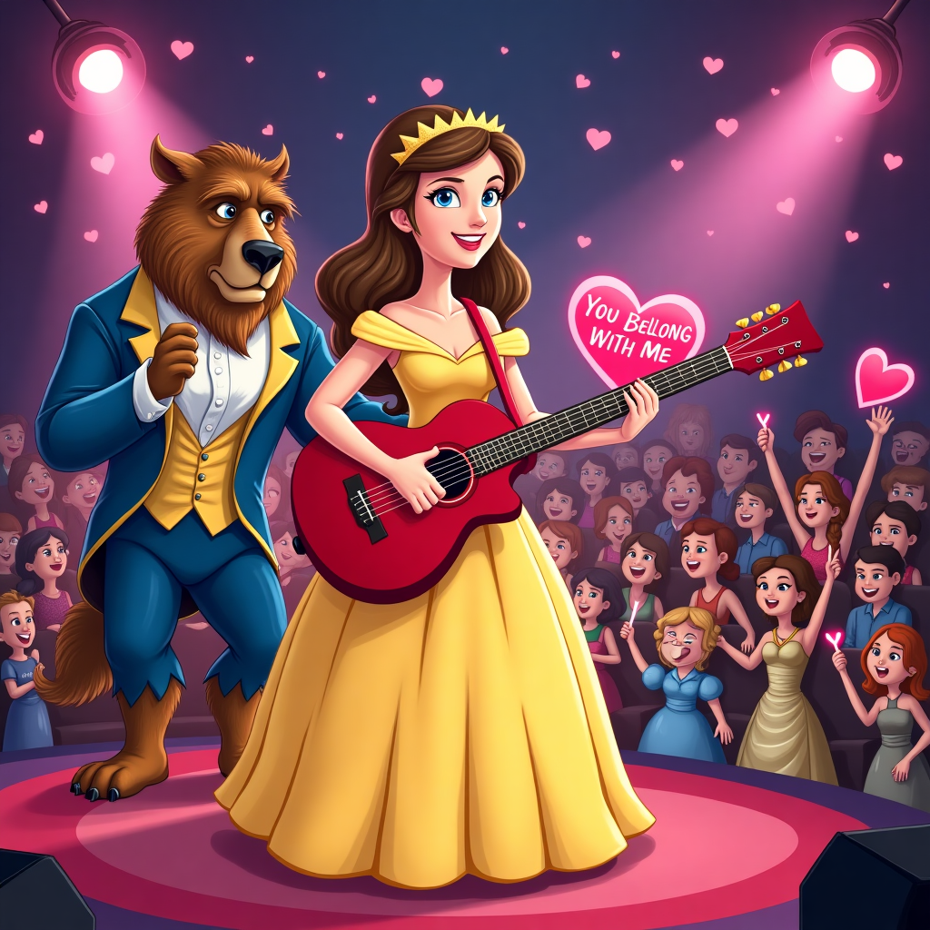 At the top of the cartoon image:  
**"Happy Valentine's Day, Sydney—You're the 'Belle' of my 'Swift' heart!"**

Prompt for the image:  
Create a cartoon-style illustration featuring Taylor Swift dressed in Belle’s iconic golden ballgown from *Beauty and the Beast*, strumming a heart-shaped guitar on stage in a magical, fairytale-style concert hall. In the audience, the Beast (with a goofy, smitten grin) holds up a huge valentine that reads “You Belong With Me”. Scattered throughout the audience are enchanted objects like Lumière and Mrs. Potts holding glow sticks and singing along. Pink heart-shaped spotlights beam around, and the vibe is part royal ball, part pop concert—full of sparkles, humor, and Valentine's whimsy.
Generated with these themes: Taylor swift and belle.
Made with ❤️ by AI.