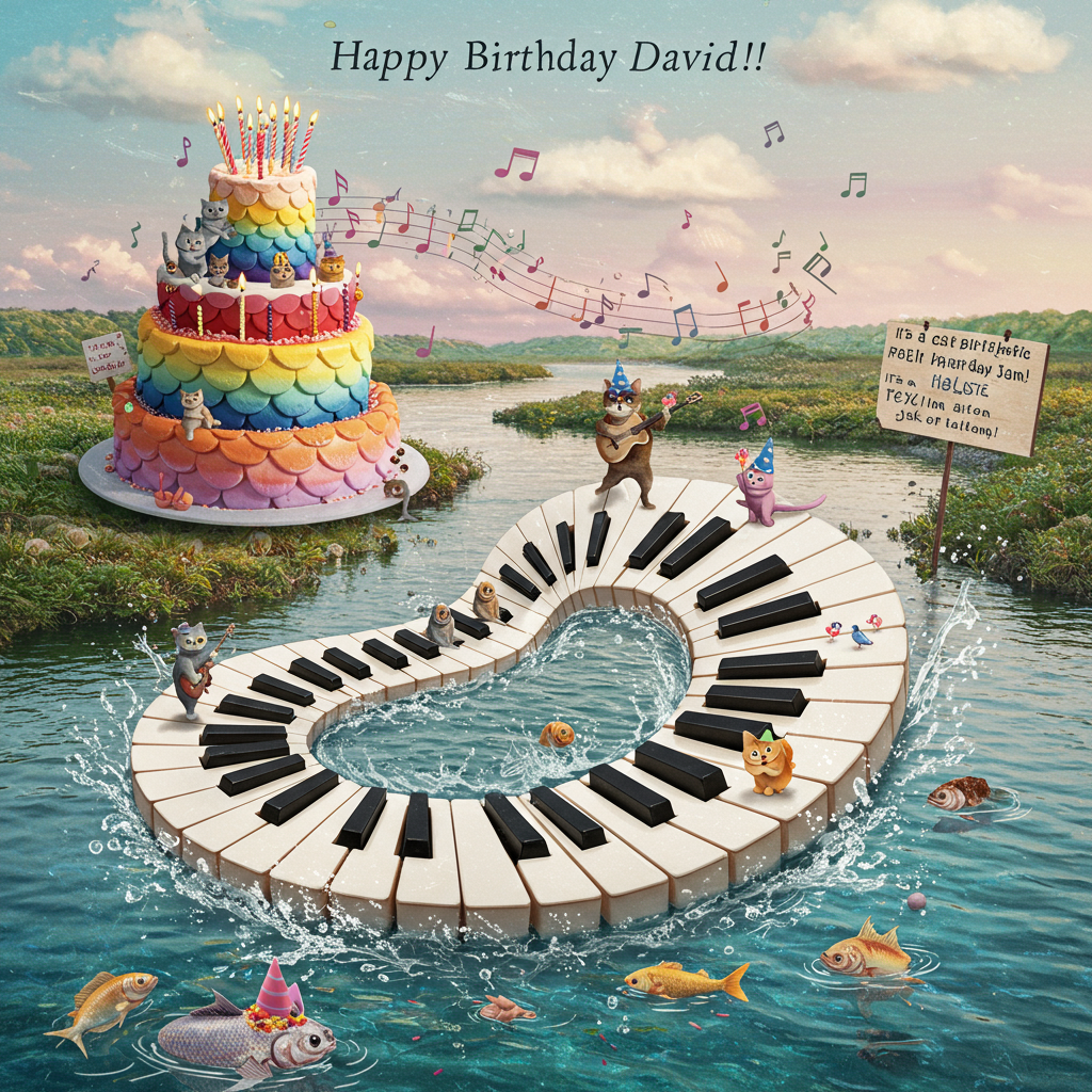 At the top of the Surreal Style image, include the text: **Happy Birthday David!!**

---

**Image Prompt:**

Create a whimsical scene where a grand piano keyboard bends and twists along the flowing curves of a shimmering river. Each key is a tiny, smiling fish that leaps playfully into the air, creating a melody of splashes. Nestled in the riverbank is a towering cake made entirely of vibrant fish scales, with cats lounging atop it. These cats wear eccentric party hats and strum miniature guitars made of river stones. The sky is a swirling canvas of pastel hues, with musical notes floating like clouds above. In the corner, a sign reads, "It's a cat-tastic birthday jam!"
Generated with these themes: Music keyboard, river, fish cake cats , and .
Made with ❤️ by AI.